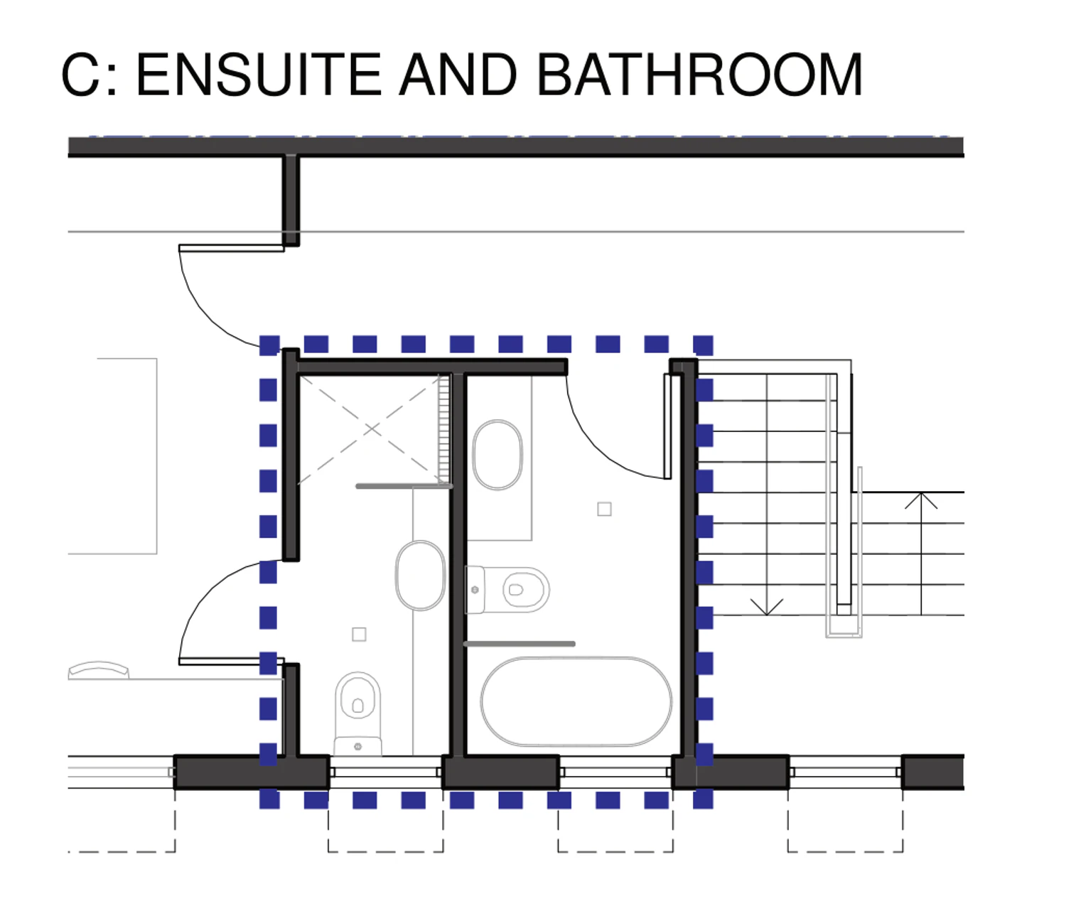 Pattern Book Semis 02 first floor bathroom adaptation C: ensuite and bathroom, showing the same floor area split into an ensuite off the main bedroom and a separate family bathroom with a bath