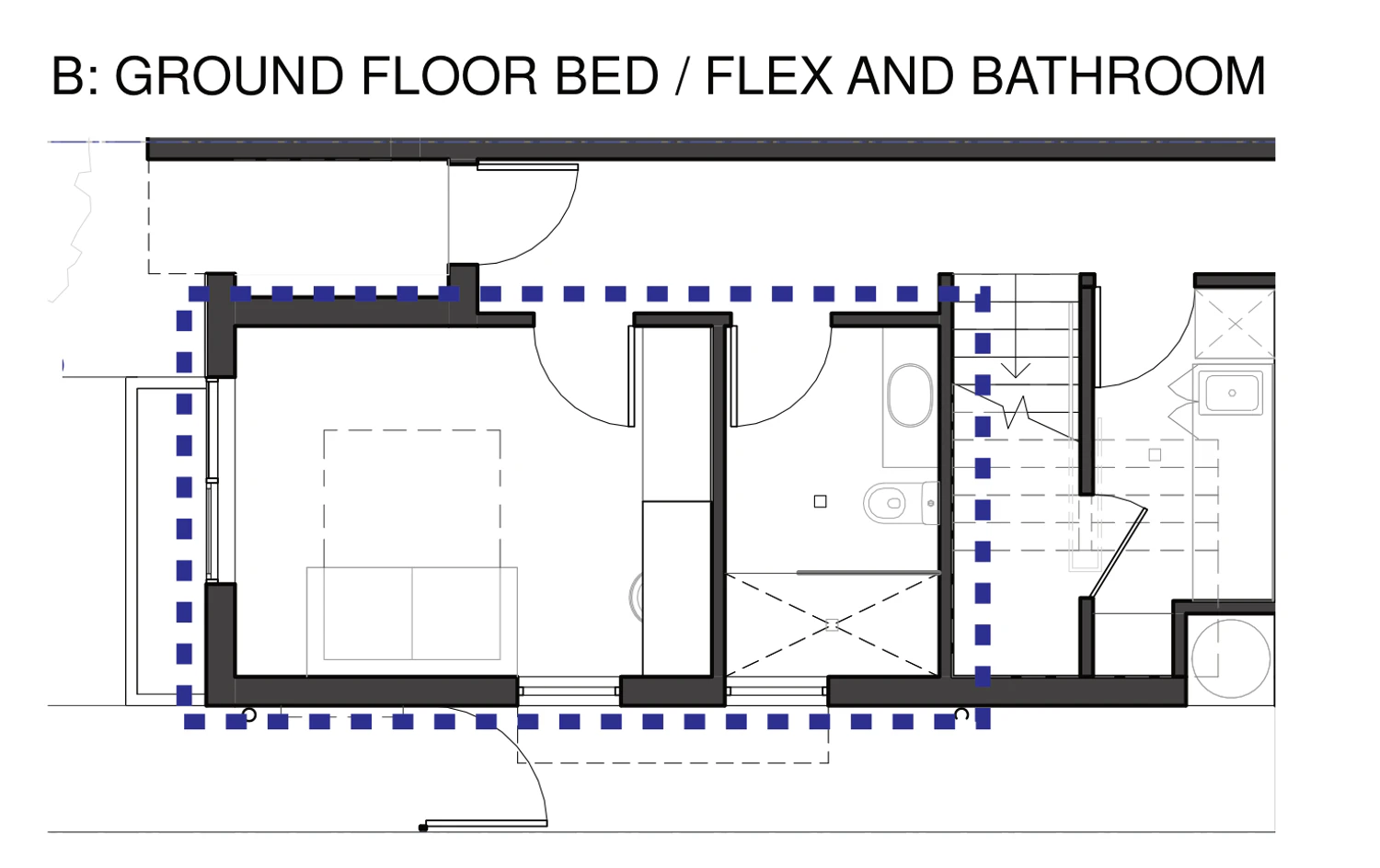 Pattern Book Semis 02 ground floor adaptation B: ground floor bed or flexible room and bathroom, showing the front room used as a bedroom or second living space with a full bathroom and laundry behind it