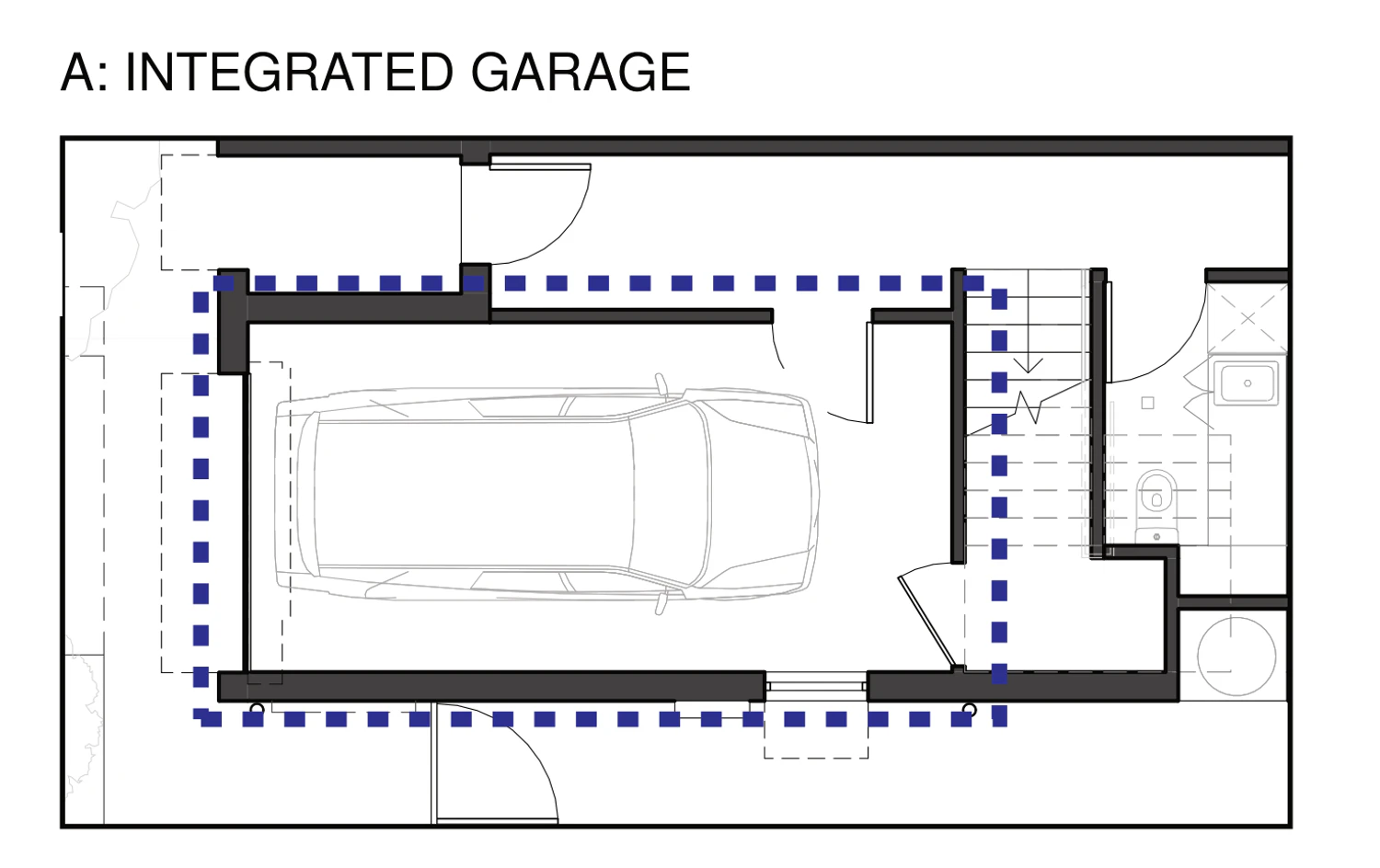 Pattern Book Semis 02 ground floor adaptation A: integrated garage, showing the front room of one home built as a garage with a car space, reached from the driveway and opening into the hall beside the stair
