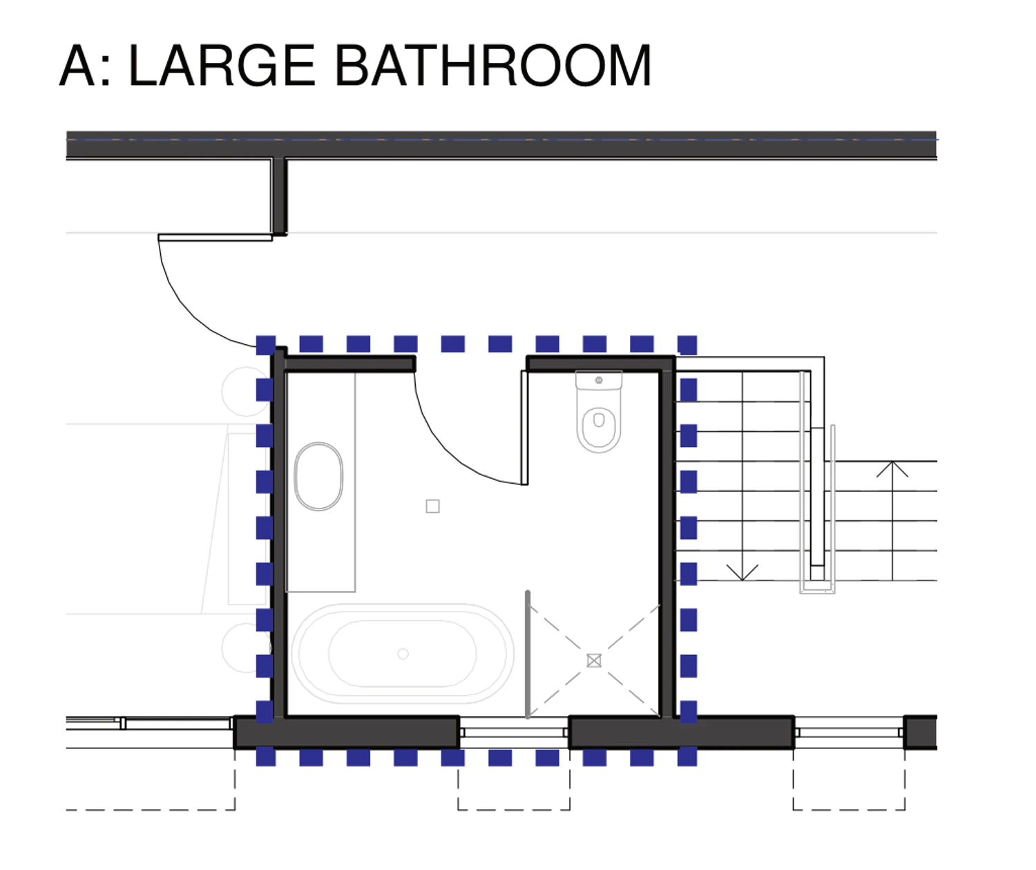 Pattern Book Semis 02 first floor bathroom adaptation A: large bathroom, showing a single family bathroom with a bath, shower, basin and a separate toilet compartment beside the stair
