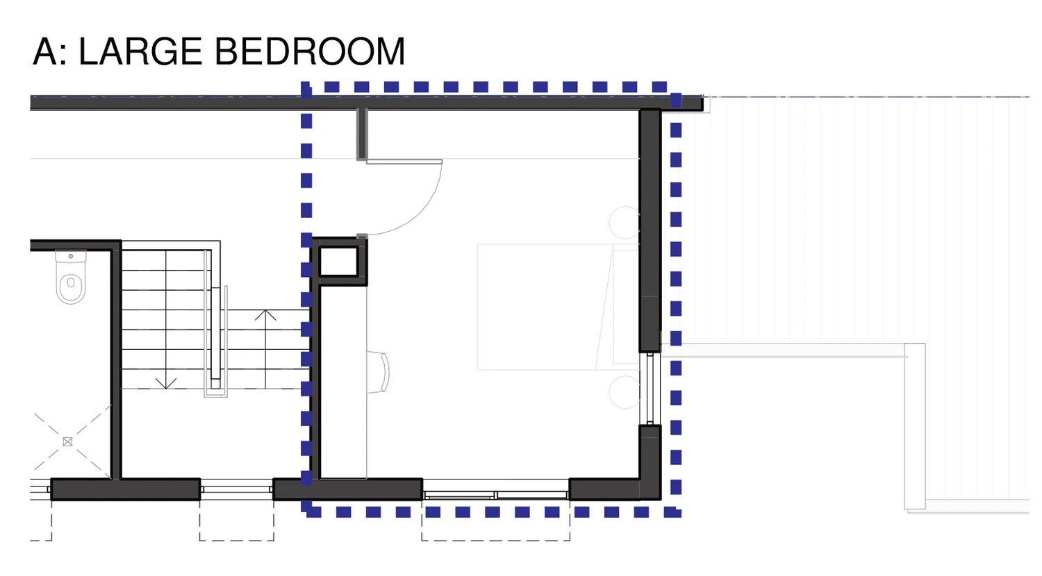 Pattern Book Semis 02 first floor bedroom adaptation A: large bedroom, showing the rear of the upper floor as one large bedroom with a robe and a desk beside the landing