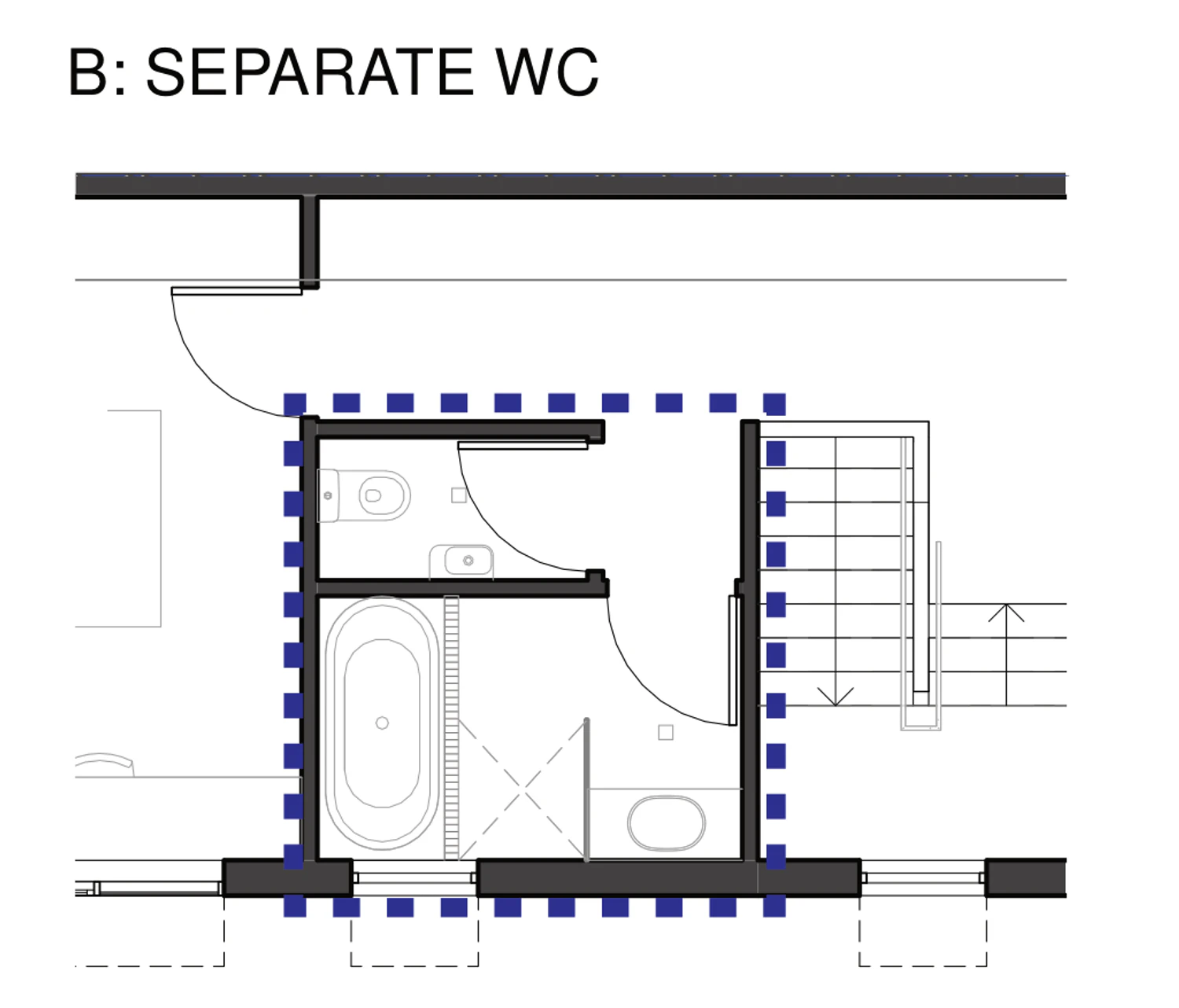 Pattern Book Semis 02 first floor bathroom adaptation B: separate WC, showing the family bathroom with the toilet and basin taken into their own room so both can be used at once