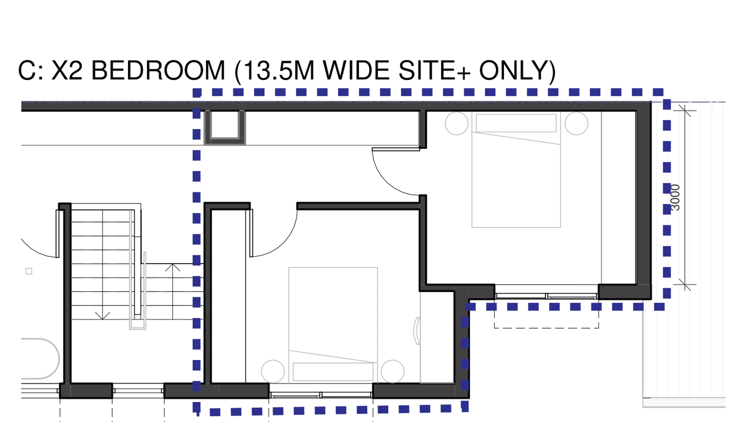 Pattern Book Semis 02 first floor bedroom adaptation C: two bedrooms, available only on a lot at least 13.5 metres wide, showing the rear of the upper floor divided into two bedrooms of about 3 metres each