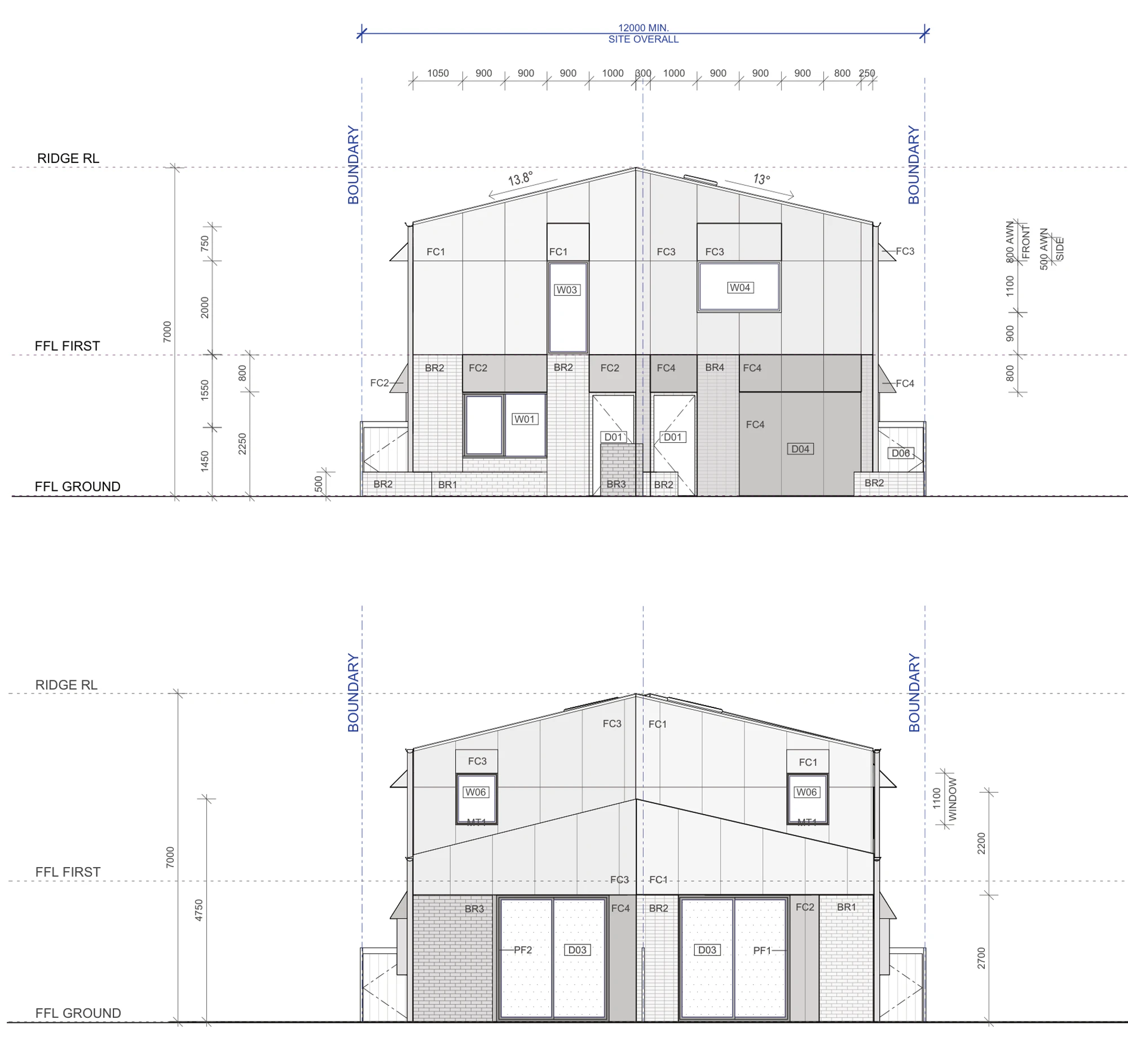 Pattern Book Semis 02 front and rear elevations A-341, showing the 7 metre ridge above the ground floor level, the 13.8 and 13 degree roof pitches, the step in the street facade between the two homes, the two colour palettes, the brick ground floor, the painted sheet upper floor and the sculptural hoods over the windows and doors