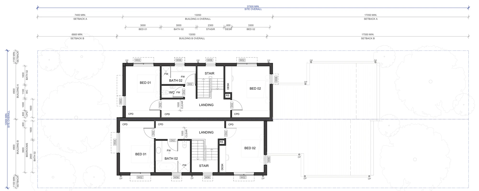 Pattern Book Semis 02 first floor plan A-303 for LMR housing areas, showing two bedrooms in each home over the front of the plan, a bathroom and separate WC, a landing with a built in desk, the stair and cupboards, all within the 13.05 metre deep two storey portion