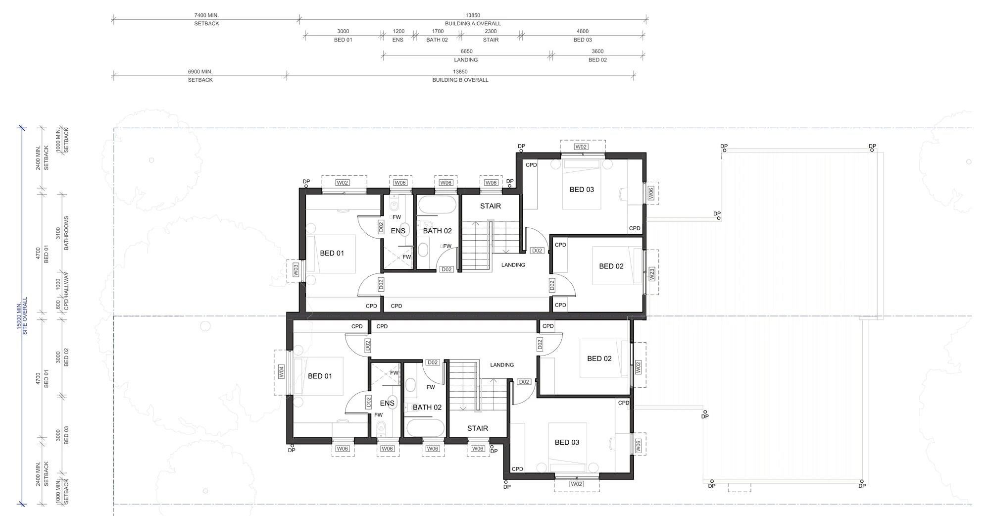 Pattern Book Semis 02 first floor plan A-313 for sites outside LMR housing areas, showing three bedrooms in each home, an ensuite to the main bedroom, a family bathroom, the landing, stair and cupboards