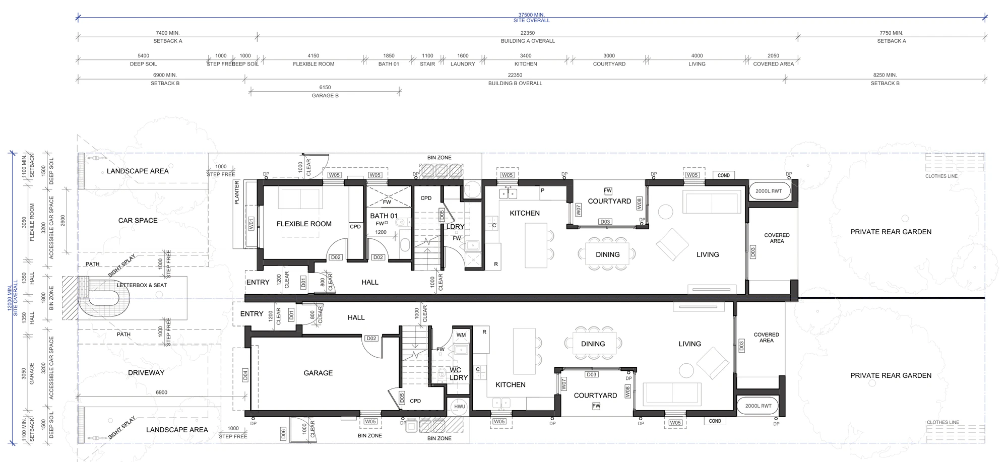 Pattern Book Semis 02 ground floor plan A-302 for LMR housing areas, showing one home with a flexible front room, bathroom, laundry and stair and the other with a 6.15 metre integrated garage and a WC and laundry, both with a kitchen opening to a 3 metre central courtyard, then dining and living opening through a covered area to the private rear garden, plus bin zones, a 2000 litre rainwater tank and a step free path from the street