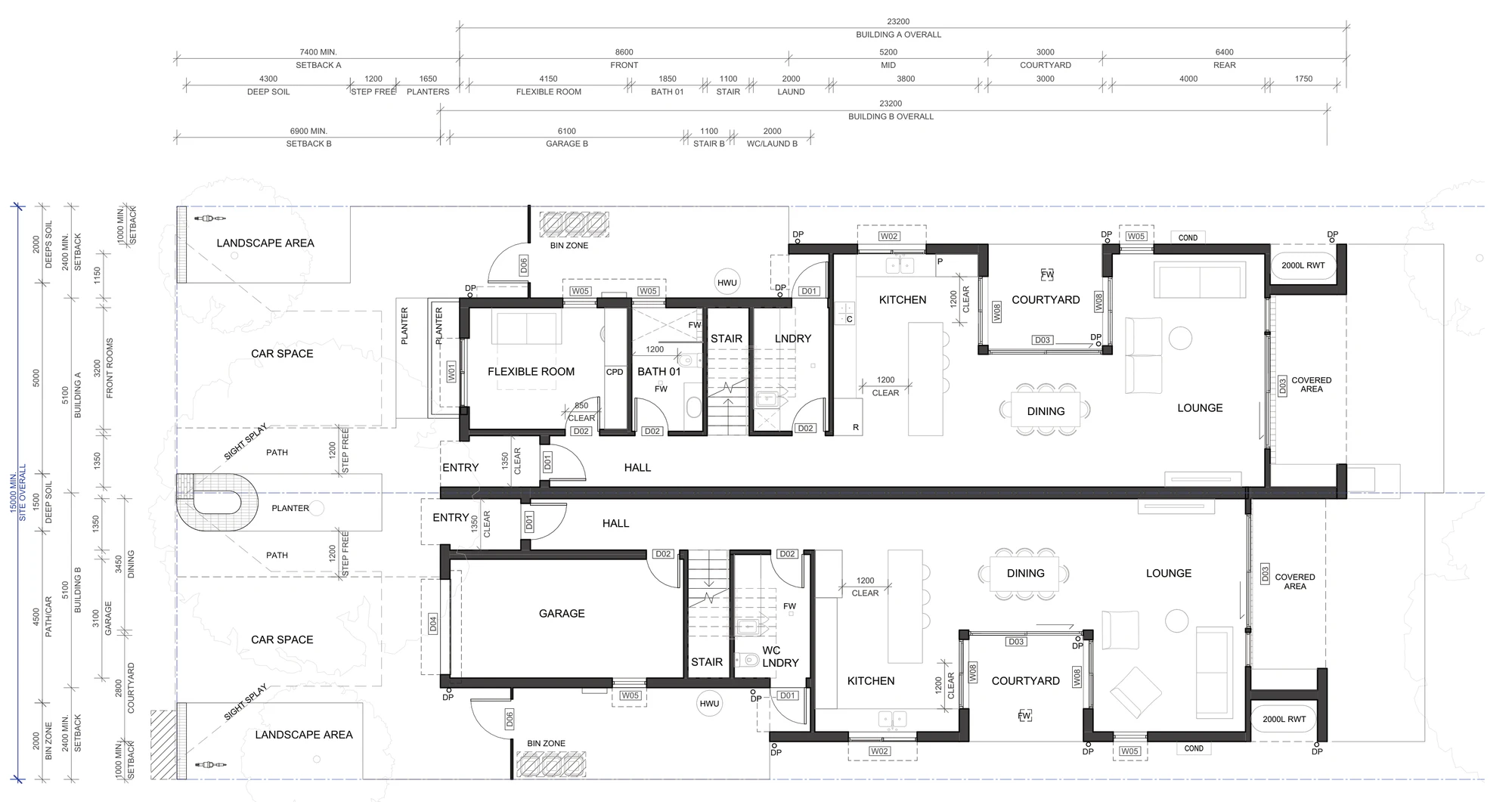 Pattern Book Semis 02 ground floor plan A-312 for sites outside LMR housing areas, showing one home with a flexible front room, bathroom and laundry and the other with a 6.1 metre garage and a WC and laundry, both with a wider kitchen, dining and lounge, the central courtyard, the covered area to the rear garden, planters and a step free path from the street