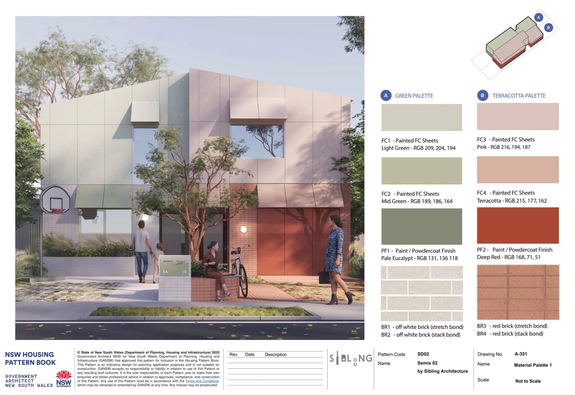 Pattern Book Semis 02 material palette 1 on the street facade, pairing the green palette on one home with the terracotta palette on the other: light green and mid green painted fibre cement sheets with pale eucalypt metalwork and off white brick, beside pink and terracotta sheets with deep red metalwork and red brick