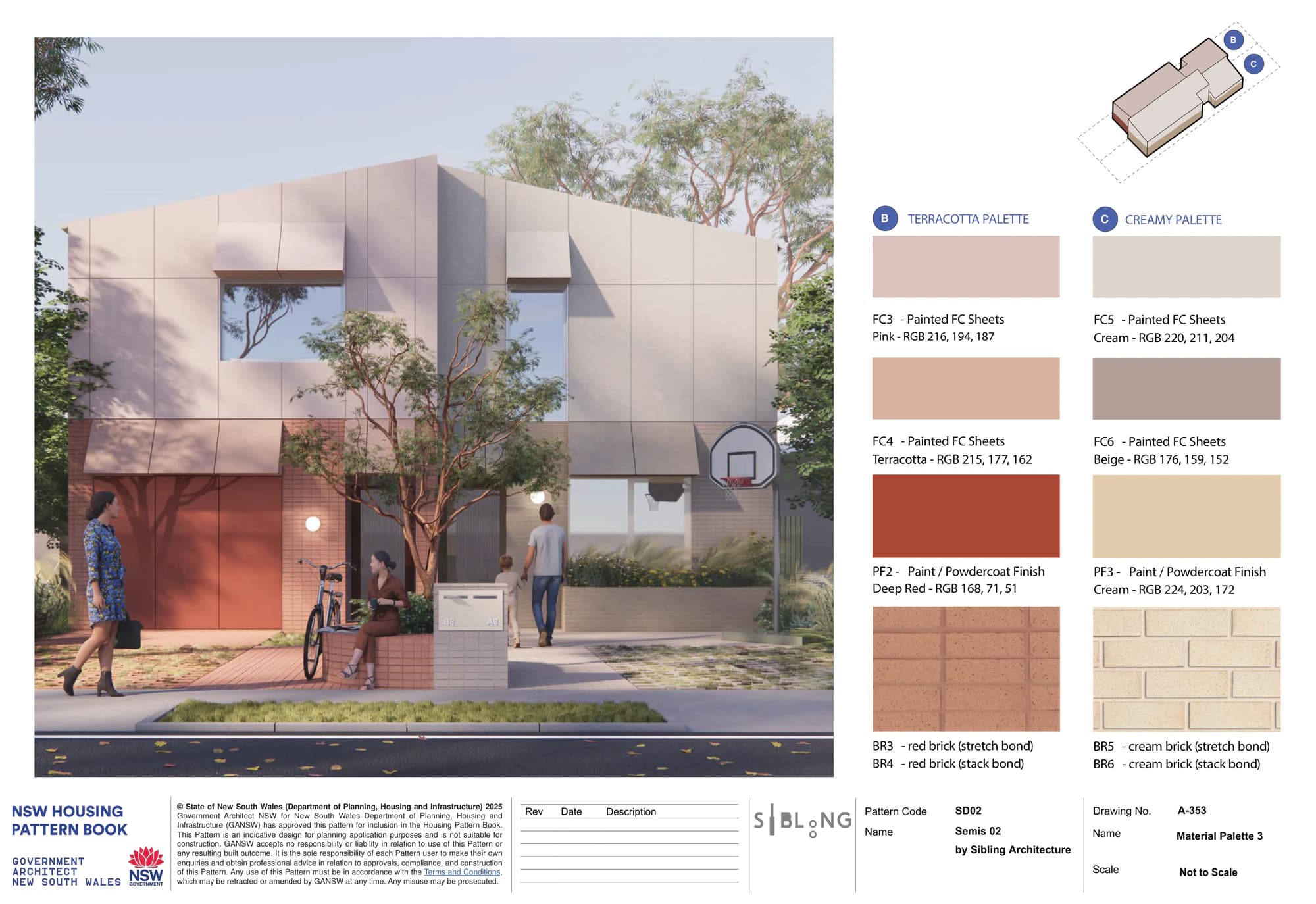 Pattern Book Semis 02 material palette 3 on the street facade, pairing the terracotta palette on one home with the creamy palette on the other: pink and terracotta painted fibre cement sheets with deep red metalwork and red brick, beside cream and beige sheets with cream metalwork and cream brick