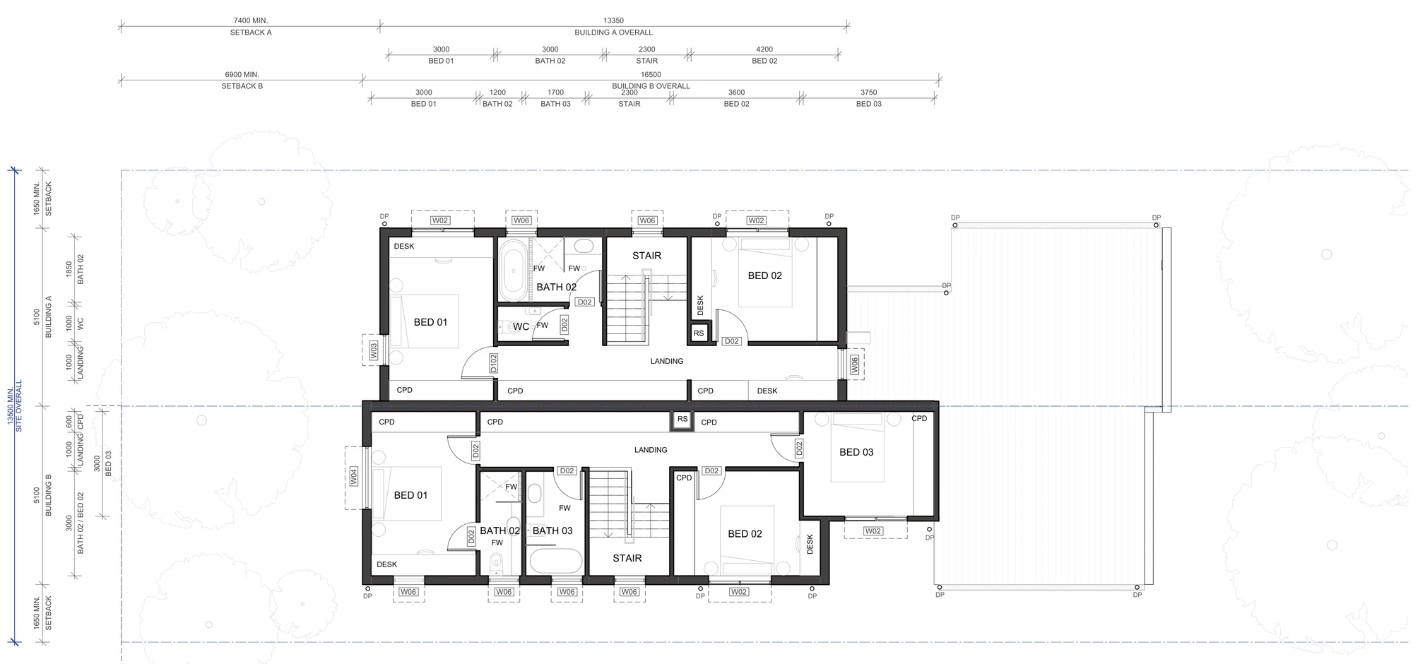 Pattern Book Semis 02 first floor plan A-324 for the base pattern plus in LMR housing areas, showing one home with two bedrooms, a bathroom, a separate WC and desks, and the other with three bedrooms and two bathrooms using the wider 16.5 metre building