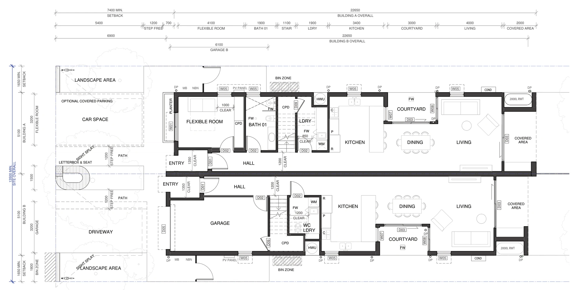 Pattern Book Semis 02 ground floor plan A-323 for the base pattern plus in LMR housing areas, showing the optional covered parking over the car space, wider entries and halls, one home with a flexible front room and bathroom and the other with a 6.1 metre garage, and both with the kitchen, courtyard, dining and living to the rear