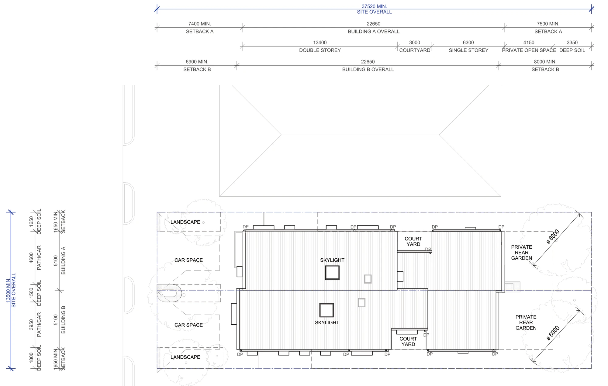 Pattern Book Semis 02 site plan A-322 for the base pattern plus in LMR housing areas, showing the 13.5 metre by 37.52 metre lot, each home 5.1 metres wide and 22.65 metres deep, the 1.65 metre side setbacks, the covered car spaces at the street, the 4.15 metre private open space and the 6 metre diameter circle in each private rear garden