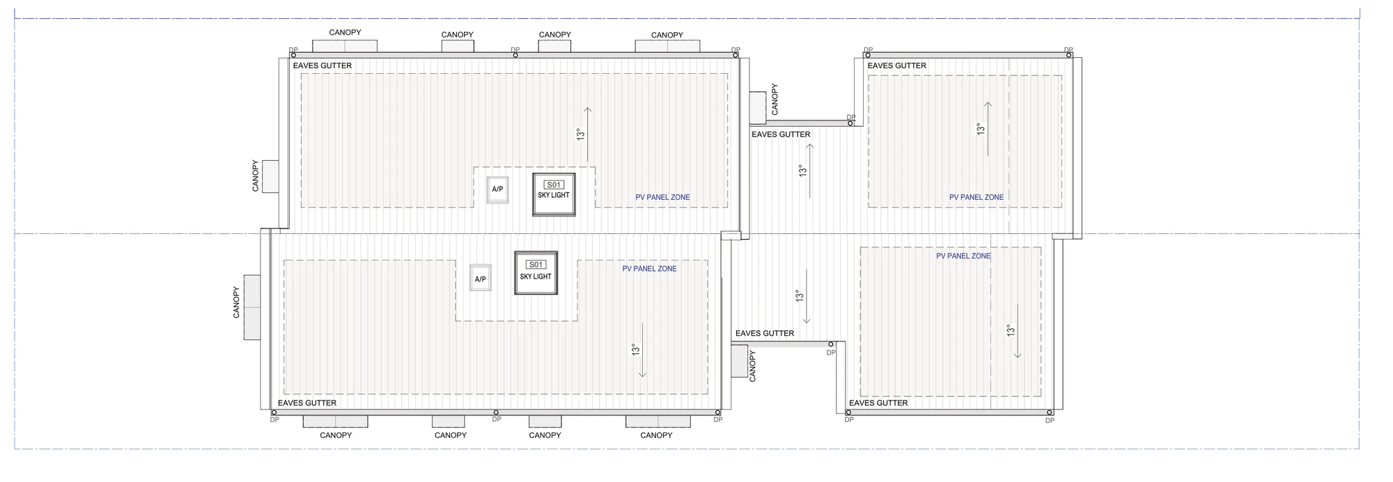 Pattern Book Semis 02 roof plan A-304 for LMR housing areas, showing the 13 degree roof pitches over both homes, the skylight above the centre of each plan, the photovoltaic panel zones, eaves gutters, downpipes, the air conditioning plant zone and the sculptural canopies over the windows