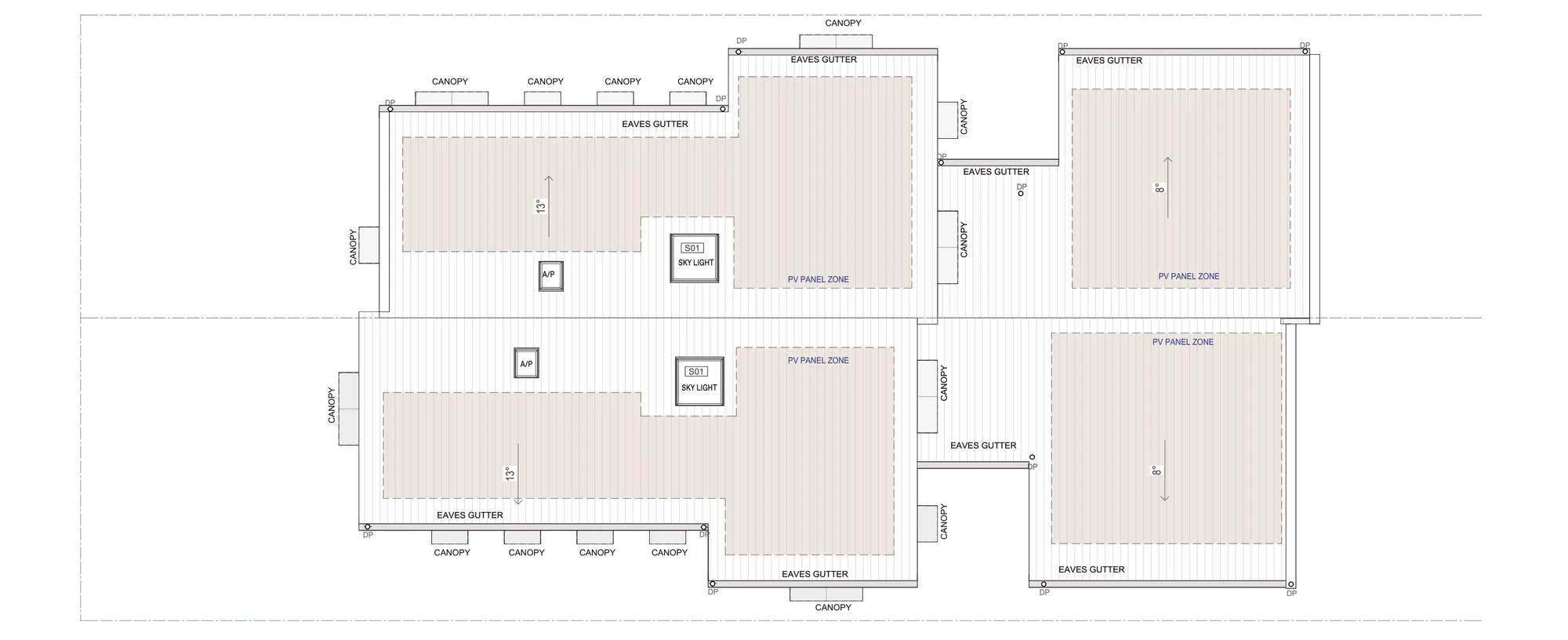 Pattern Book Semis 02 roof plan A-314 for sites outside LMR housing areas, showing the 13 degree pitch over the two storey front section, the 8 degree pitch over the single storey rear section, the skylights, photovoltaic panel zones, eaves gutters, downpipes and window canopies