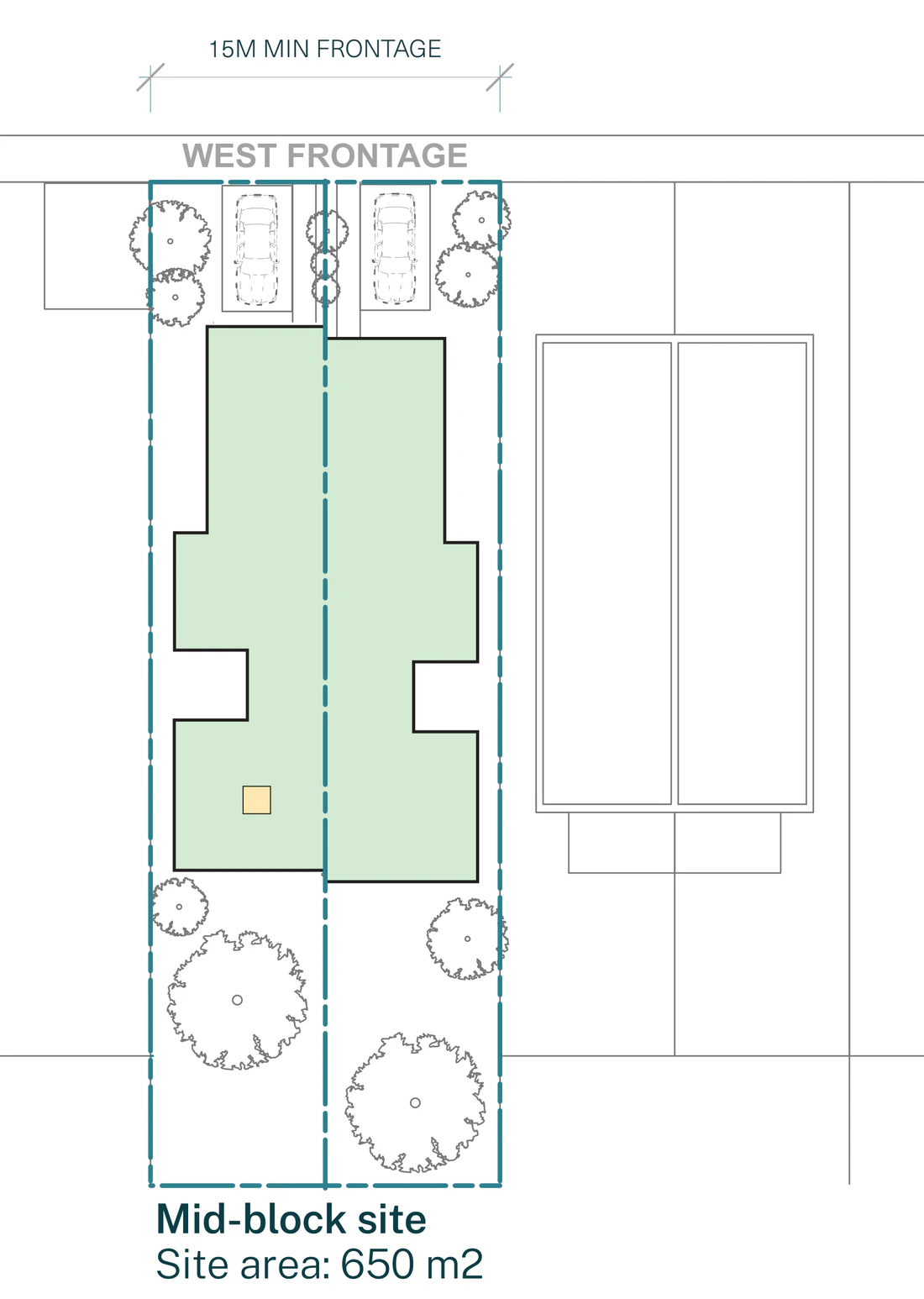 Pattern Book Semis 02 official siting plan for a site outside an LMR housing area: a mid block lot with a west frontage at least 15 metres wide and 650 square metres, showing the pair of homes two storeys to the street and single storey at the rear, the stepped front facade, the central courtyard in each home, the private rear gardens and the wider pattern with car spaces and landscape to the street; the complete development is 2 dwellings
