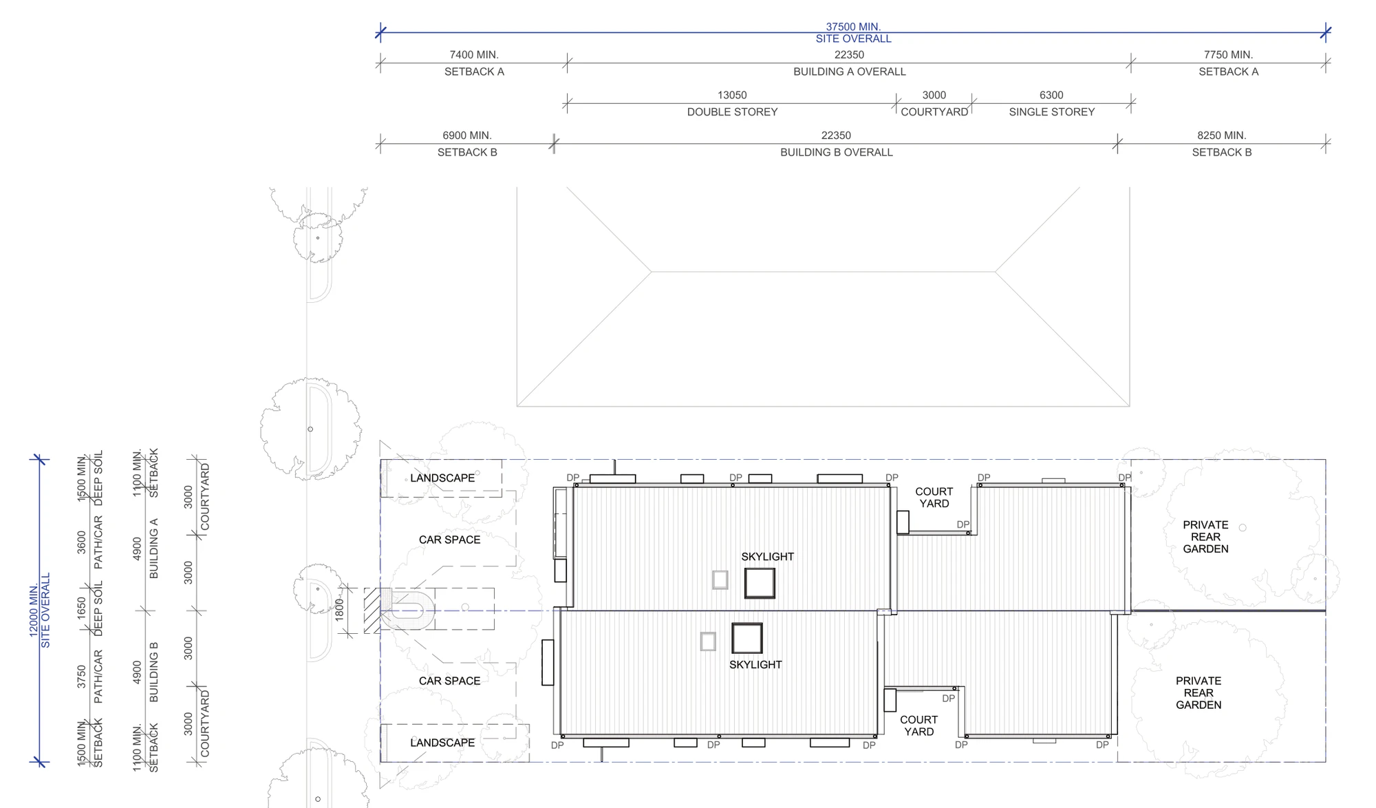 Pattern Book Semis 02 site plan A-301 for LMR housing areas, showing the 12 metre by 37.5 metre lot, the 7.4 and 6.9 metre front setbacks, each 22.35 metre deep home with 13.05 metres of two storey building, a 3 metre courtyard and 6.3 metres of single storey building, the 1.1 metre side setbacks, a car space and landscape strip to each home at the street and the two private rear gardens