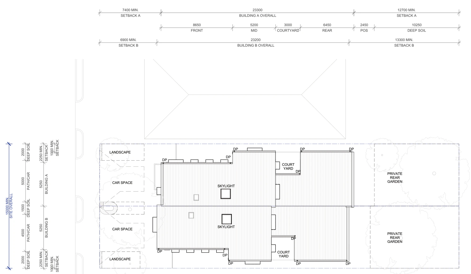 Pattern Book Semis 02 site plan A-311 for sites outside LMR housing areas, showing the 15 metre wide lot, the 7.4 and 6.9 metre front setbacks, each home 5.25 metres wide and about 23.3 metres deep with an 8.65 metre front section, a 5.2 metre middle section, a 3 metre courtyard and a 6.45 metre rear section, the private open space and deep soil behind, and a car space and landscape strip to each home at the street