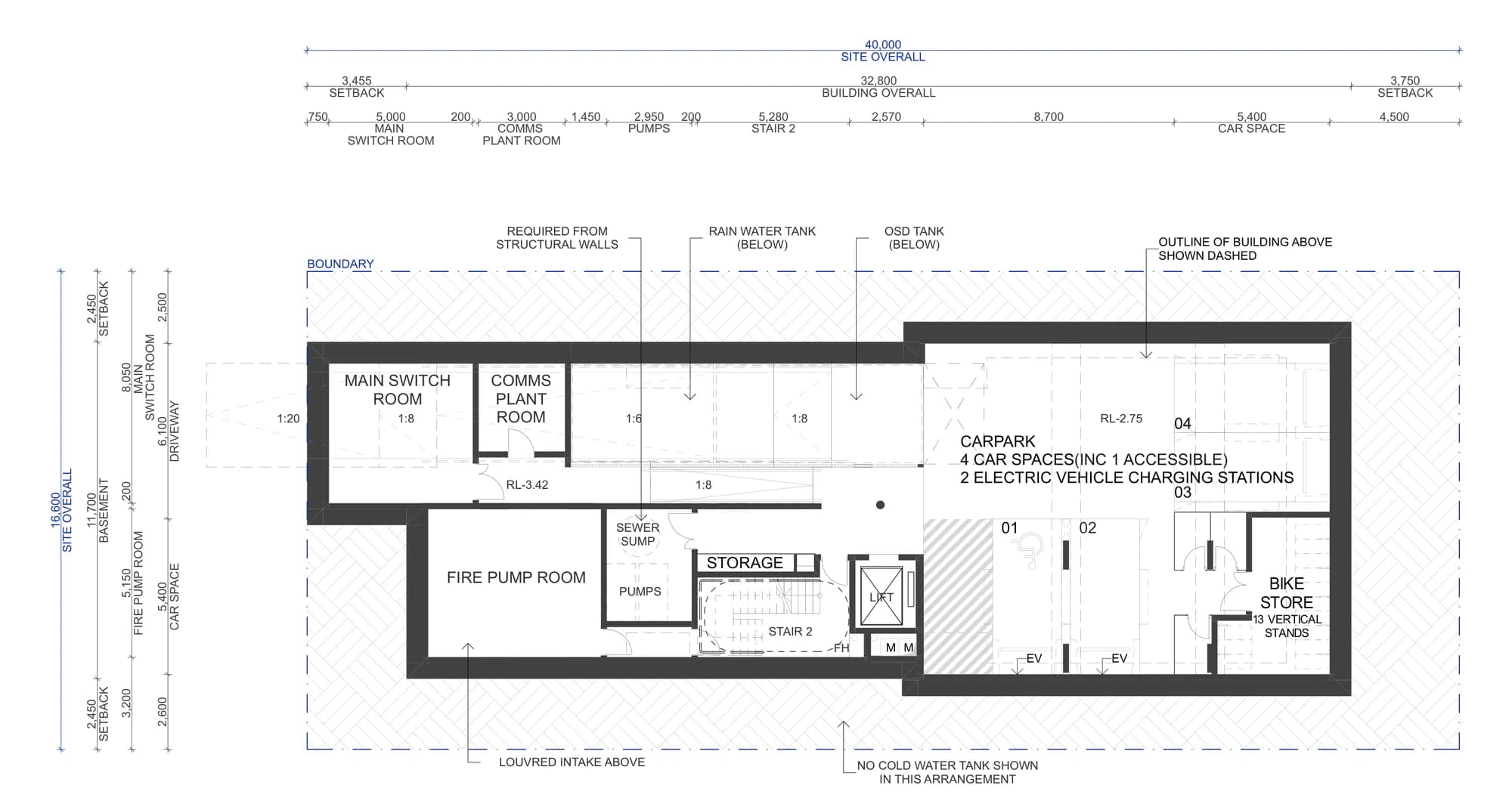 Pattern Book Small Lot Apartments 01 basement plan for the basement parking arrangement, showing 4 car spaces including 1 accessible space, 2 electric vehicle charging stations, a 13 stand bike store, lift, stair 2, storage, sewer sump, pumps, fire pump room, comms plant room and main switch room within the 40 metre site