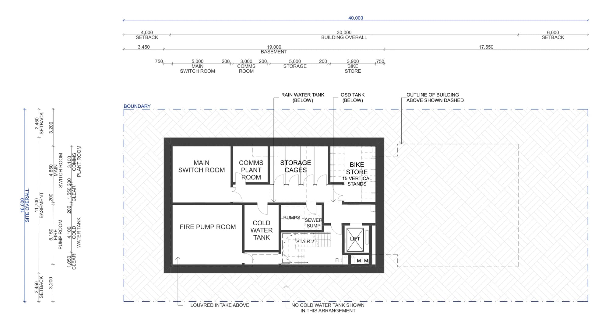 Pattern Book Small Lot Apartments 01 basement plan for the on grade parking arrangement, showing a services only basement with the main switch room, comms plant room, storage cages, a 15 stand bike store, cold water tank, fire pump room, pumps, sewer sump, lift and stair 2
