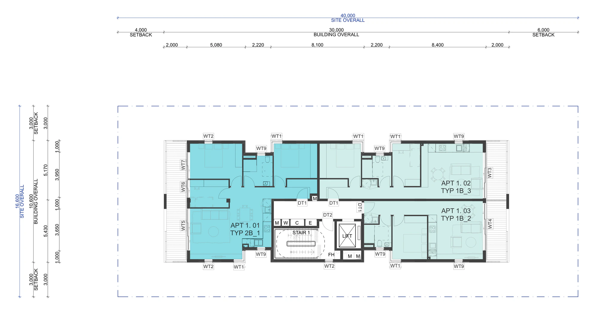 Pattern Book Small Lot Apartments 01 first floor plan showing three complete apartments around the central lift and stair: a two bedroom home to the street and two one bedroom homes to the rear, each with a full width balcony