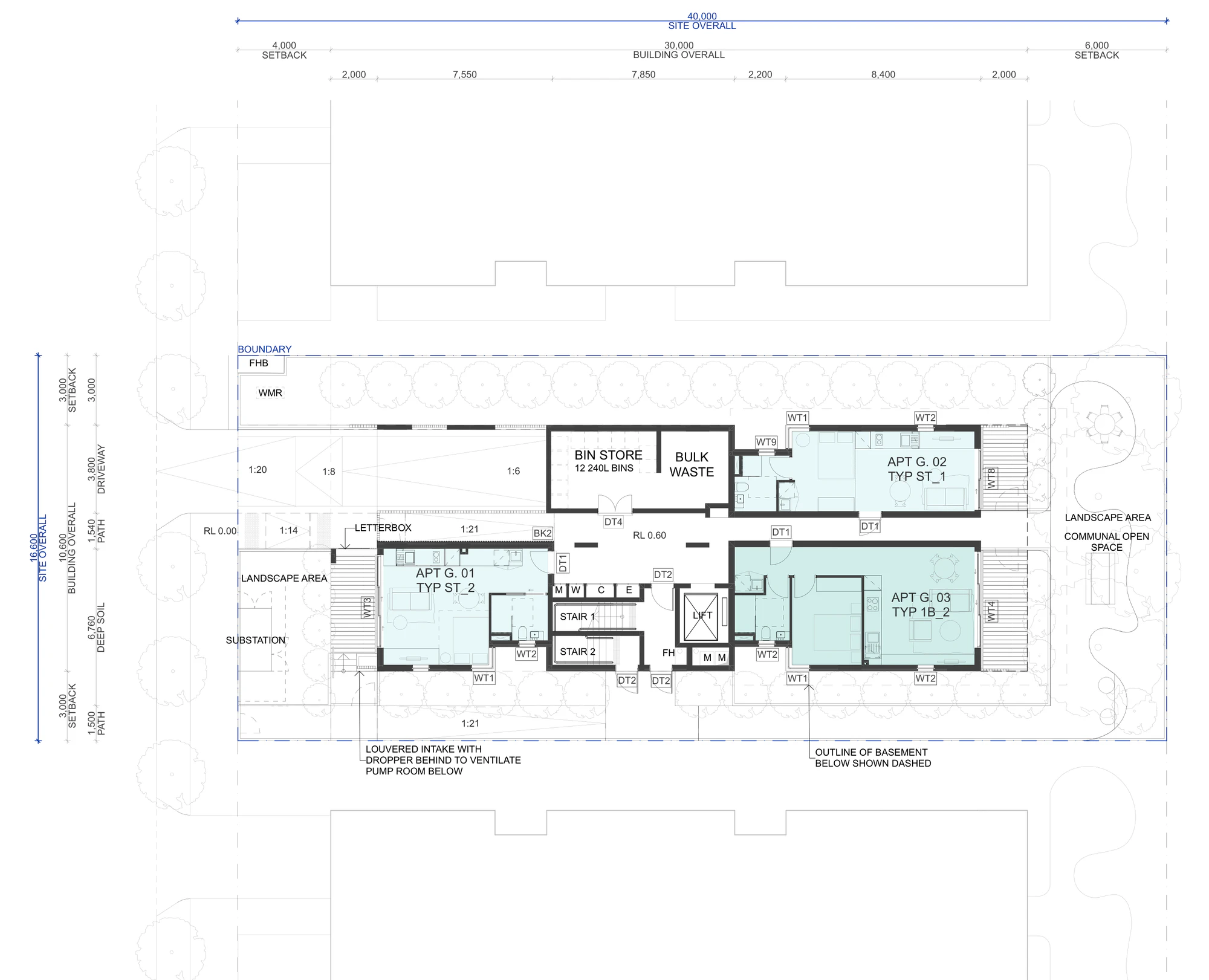 Pattern Book Small Lot Apartments 01 ground floor and site plan for the basement parking arrangement, showing two studio apartments and a one bedroom apartment, the letterbox and entry, bin store with 12 bins, bulk waste room, substation, driveway to the basement, deep soil planting and the rear communal open space
