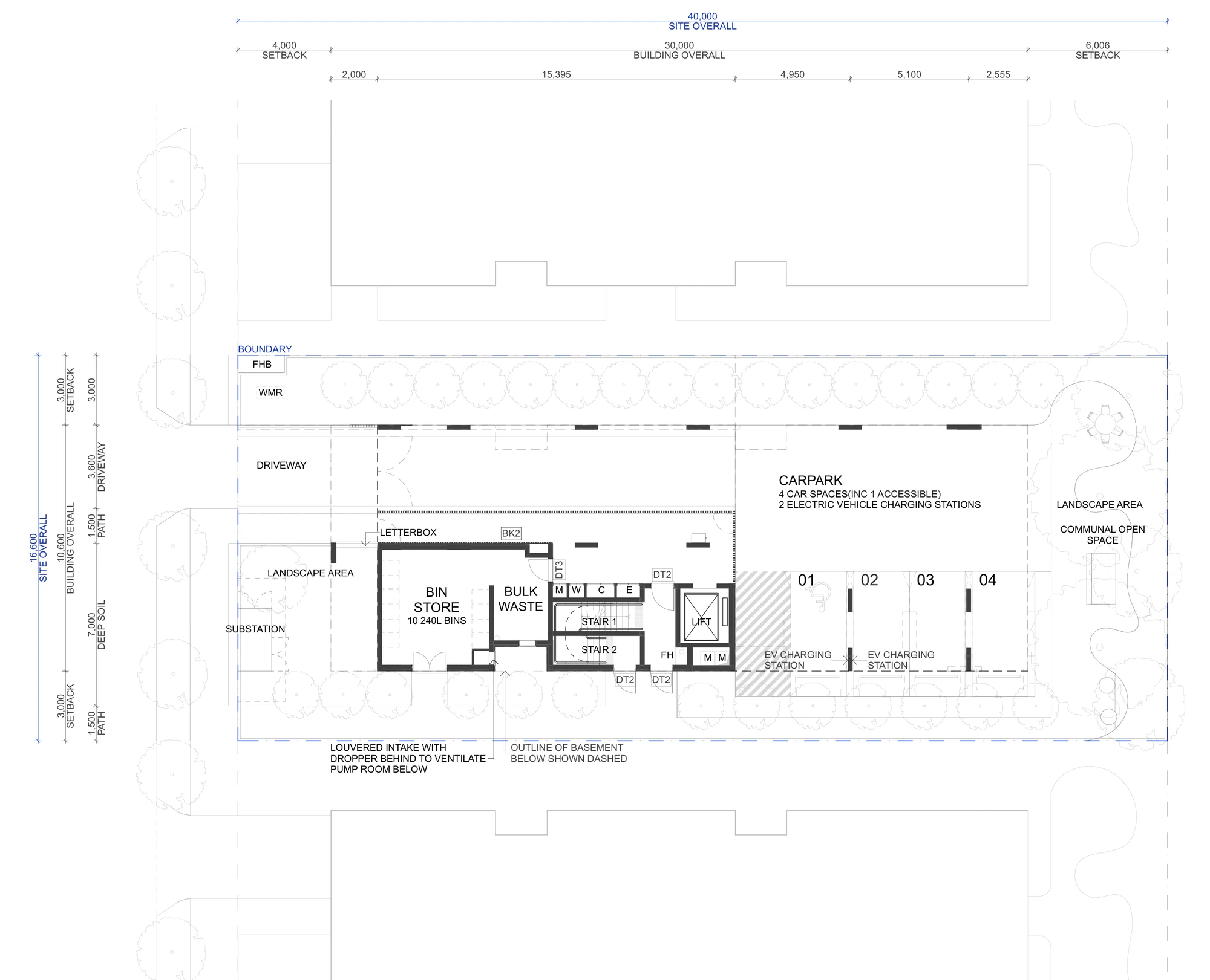 Pattern Book Small Lot Apartments 01 ground floor and site plan for the on grade parking arrangement, showing 4 car spaces including 1 accessible space and 2 electric vehicle charging stations at the rear, the bin store with 10 bins, bulk waste room, letterbox, substation, driveway, deep soil planting and communal open space