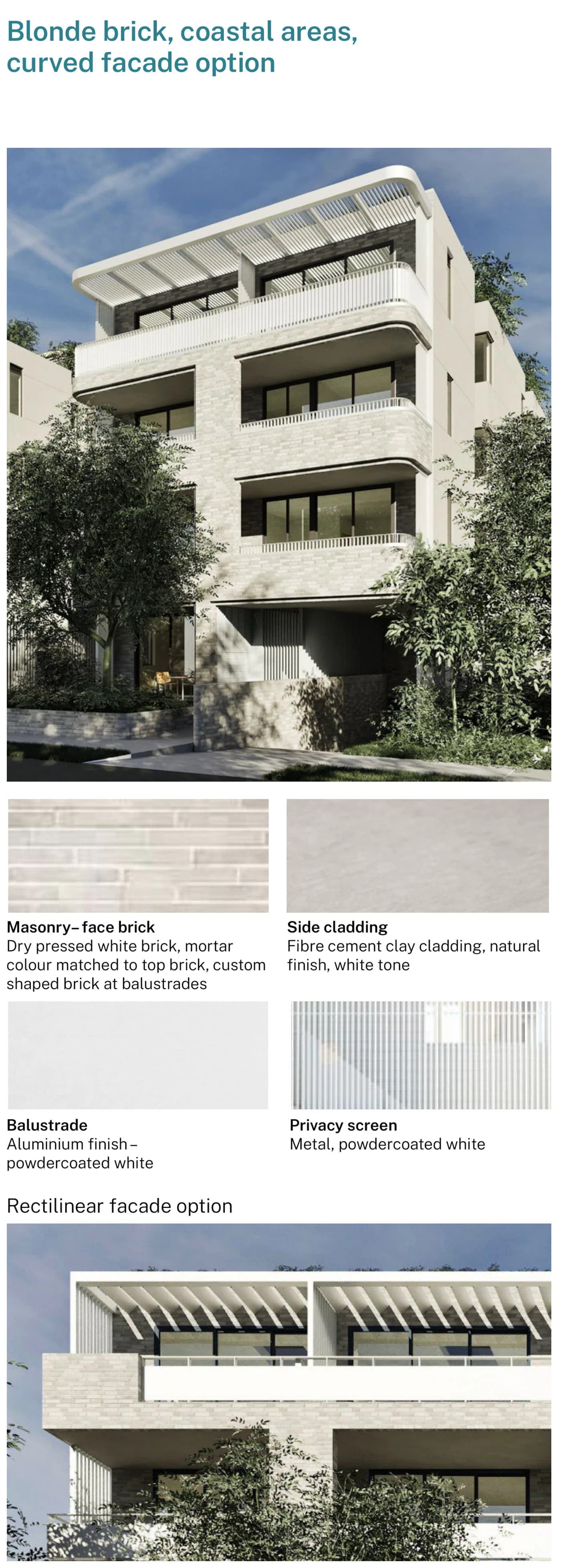 Pattern Book Small Lot Apartments 01 blonde brick palette for coastal areas, shown on the curved and rectilinear facade options, with dry pressed white face brick, white toned fibre cement clay side cladding, white powdercoated aluminium balustrades and a white powdercoated metal privacy screen