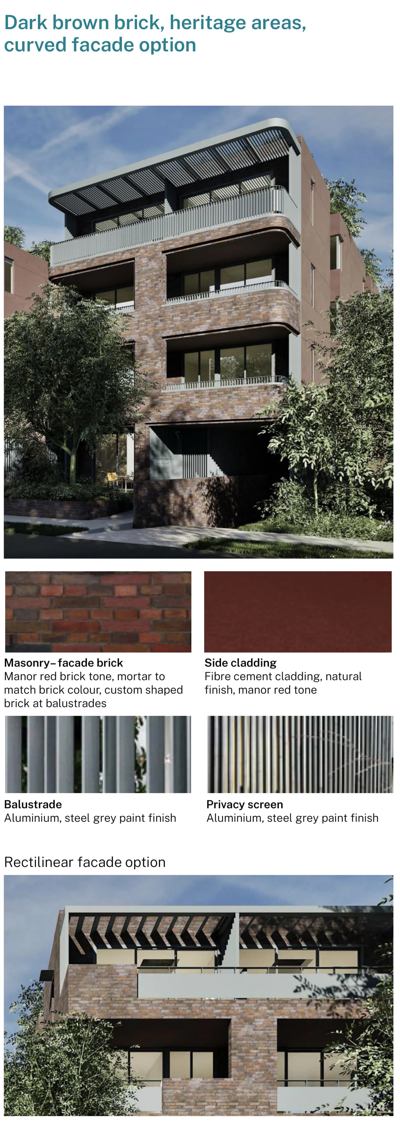 Pattern Book Small Lot Apartments 01 dark brown brick palette for heritage areas, shown on the curved and rectilinear facade options, with manor red toned face brick, manor red fibre cement side cladding and steel grey painted aluminium balustrades and privacy screens