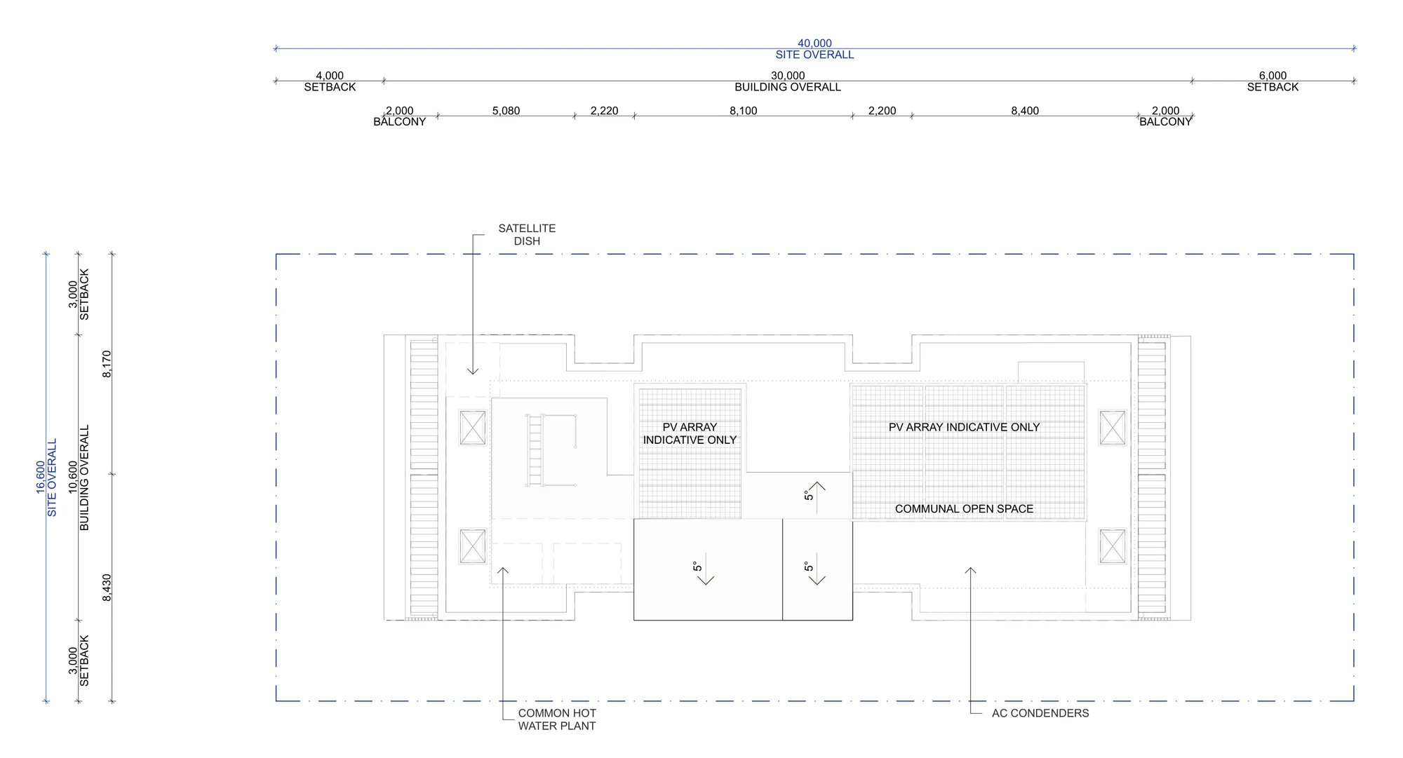 Pattern Book Small Lot Apartments 01 alternative roof plan showing indicative photovoltaic arrays over the service roof, the retained communal open space, roof falls at 5 degrees, common hot water plant, air conditioning condensers and satellite dish
