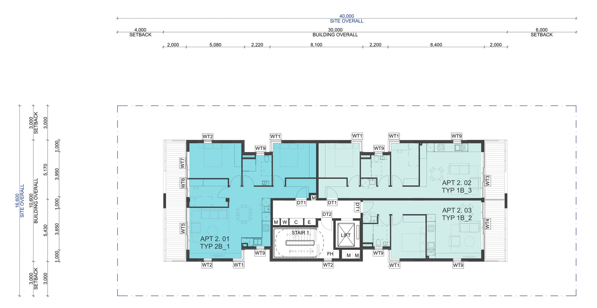 Pattern Book Small Lot Apartments 01 second floor plan repeating the first floor layout with three complete apartments around the central lift and stair: a two bedroom home and two one bedroom homes with full width balconies