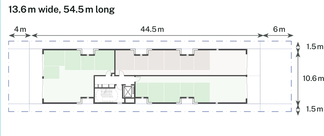 Pattern Book Small Lot Apartments 01 lot size adaptation for a 13.6 by 54.5 metre mid block site of 741.2 square metres, showing the typical apartment floor inside the 4 metre front setback, 6 metre rear setback and 1.5 metre side setbacks; the ground floor combines homes with the entry, bin store and bulk waste room, the upper levels repeat the typical floor and the roof is a communal garden; the drawn basement parking arrangement provides 10 apartments across the whole 3 storey building