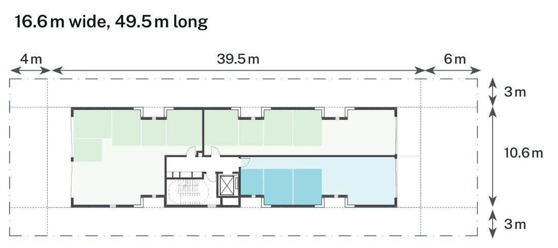 Pattern Book Small Lot Apartments 01 lot size adaptation for a 16.6 by 49.5 metre mid block site of 821.7 square metres, showing the typical apartment floor inside the 4 metre front setback, 6 metre rear setback and 3 metre side setbacks; the ground floor combines homes with the entry, bin store and bulk waste room, the upper levels repeat the typical floor and the roof is a communal garden; the drawn basement parking arrangement provides 13 apartments across the whole 4 storey building