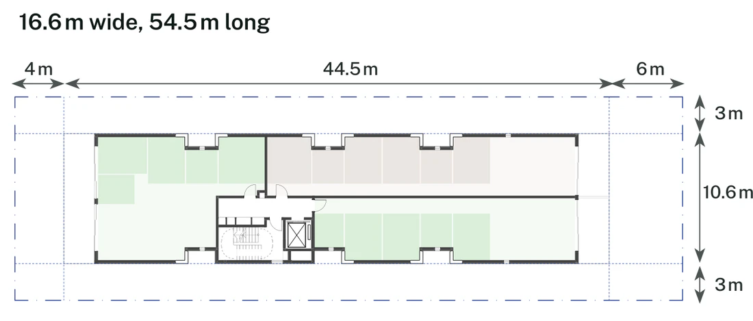 Pattern Book Small Lot Apartments 01 lot size adaptation for a 16.6 by 54.5 metre mid block site of 904.7 square metres, showing the typical apartment floor inside the 4 metre front setback, 6 metre rear setback and 3 metre side setbacks; the ground floor combines homes with the entry, bin store and bulk waste room, the upper levels repeat the typical floor and the roof is a communal garden; the drawn basement parking arrangement provides 13 apartments across the whole 4 storey building
