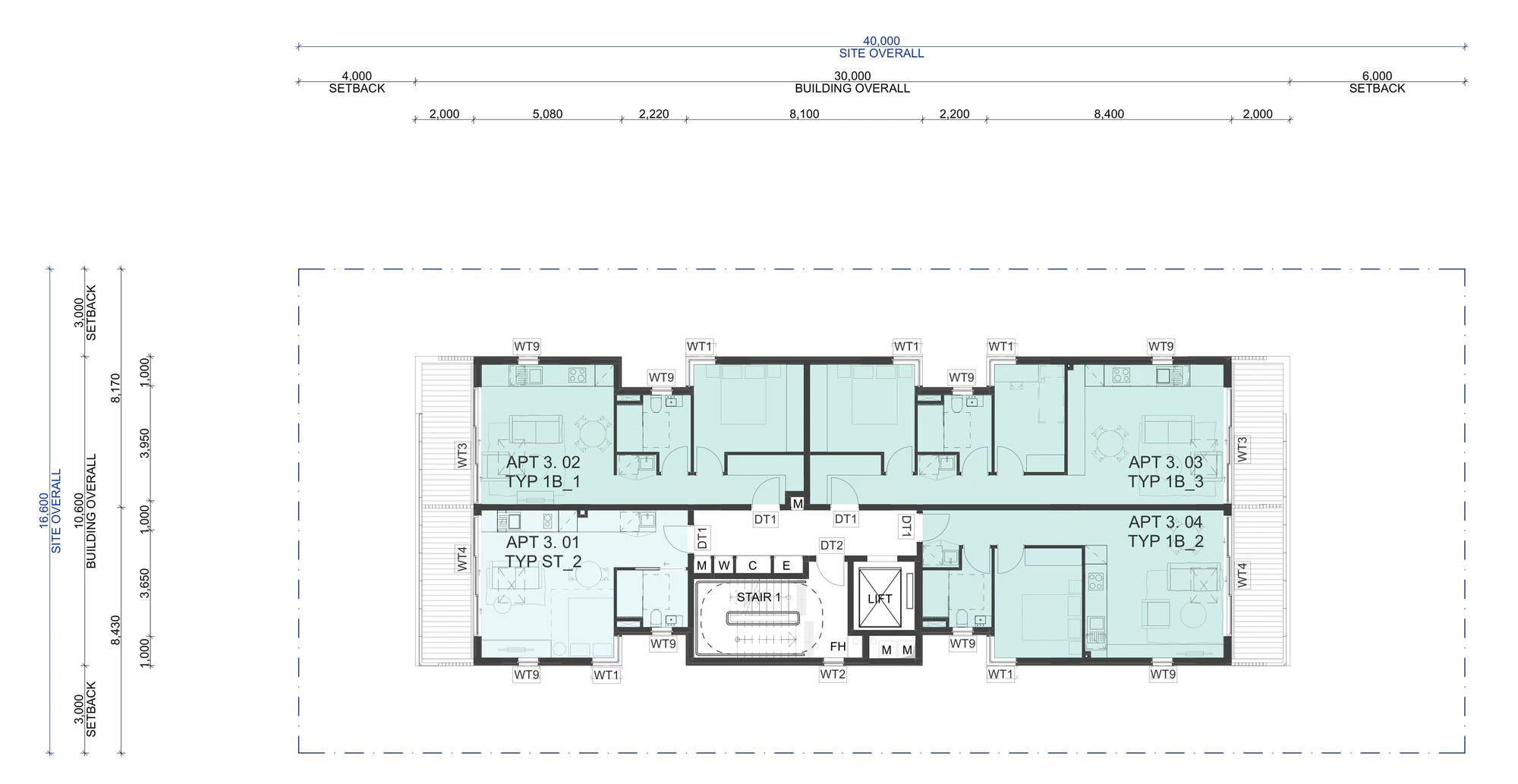 Pattern Book Small Lot Apartments 01 third floor plan showing four complete apartments around the central lift and stair: one studio and three one bedroom homes, each with a balcony
