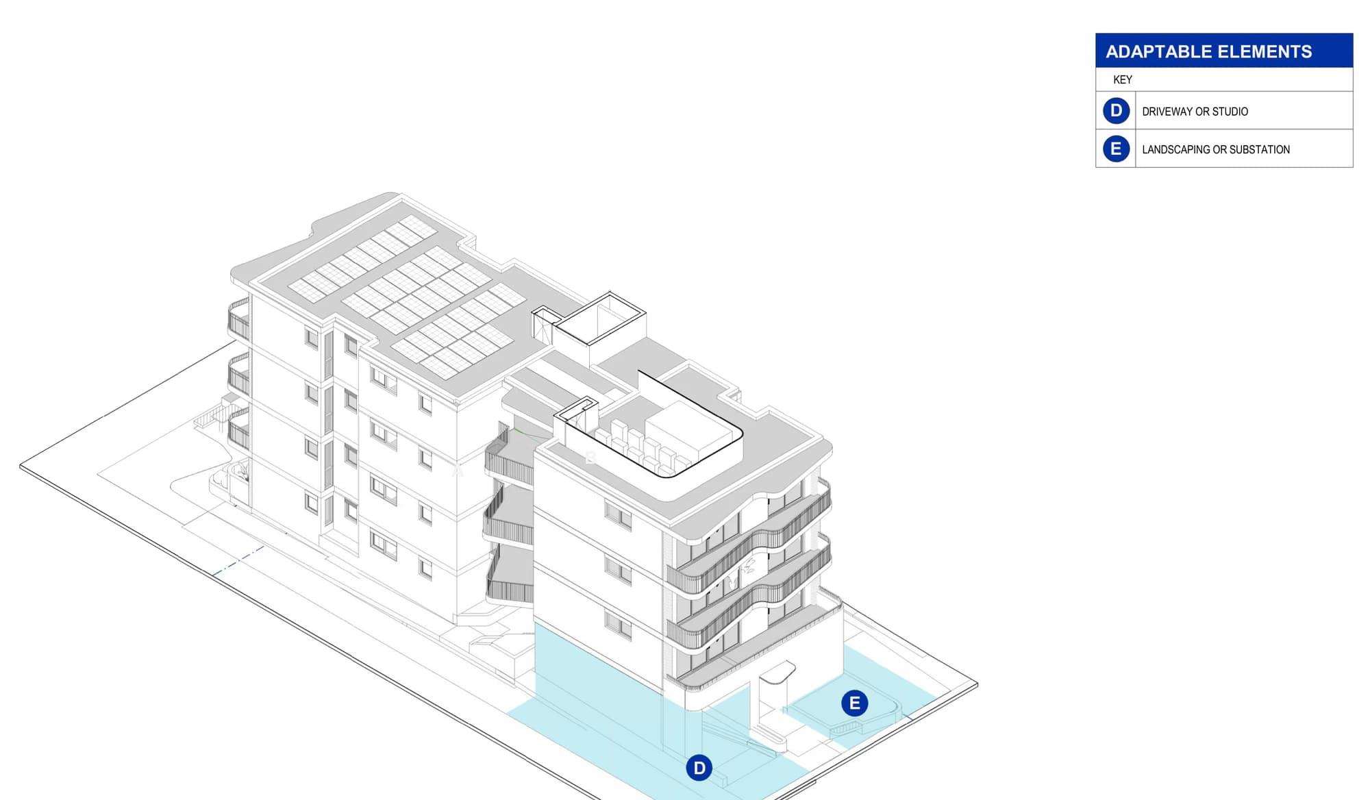 Pattern Book Small Lot Apartments 02 illustrative axonometric of the complete building keyed to its adaptable elements: the driveway which can become a studio, and the landscaped zone which can take the kiosk substation