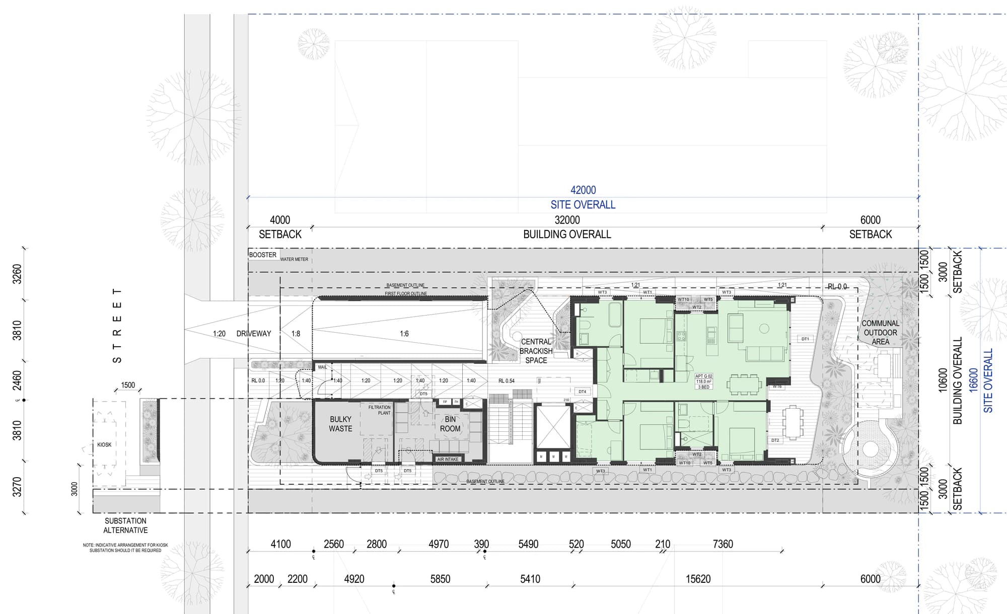 Pattern Book Small Lot Apartments 02 ground floor plan showing the street, driveway ramp to the basement, bulky waste and bin rooms, filtration plant, the central brackish space, one 118 square metre 3 bedroom apartment, the rear communal outdoor area and the alternative kiosk substation, with the 42 metre site and 32 metre building dimensions