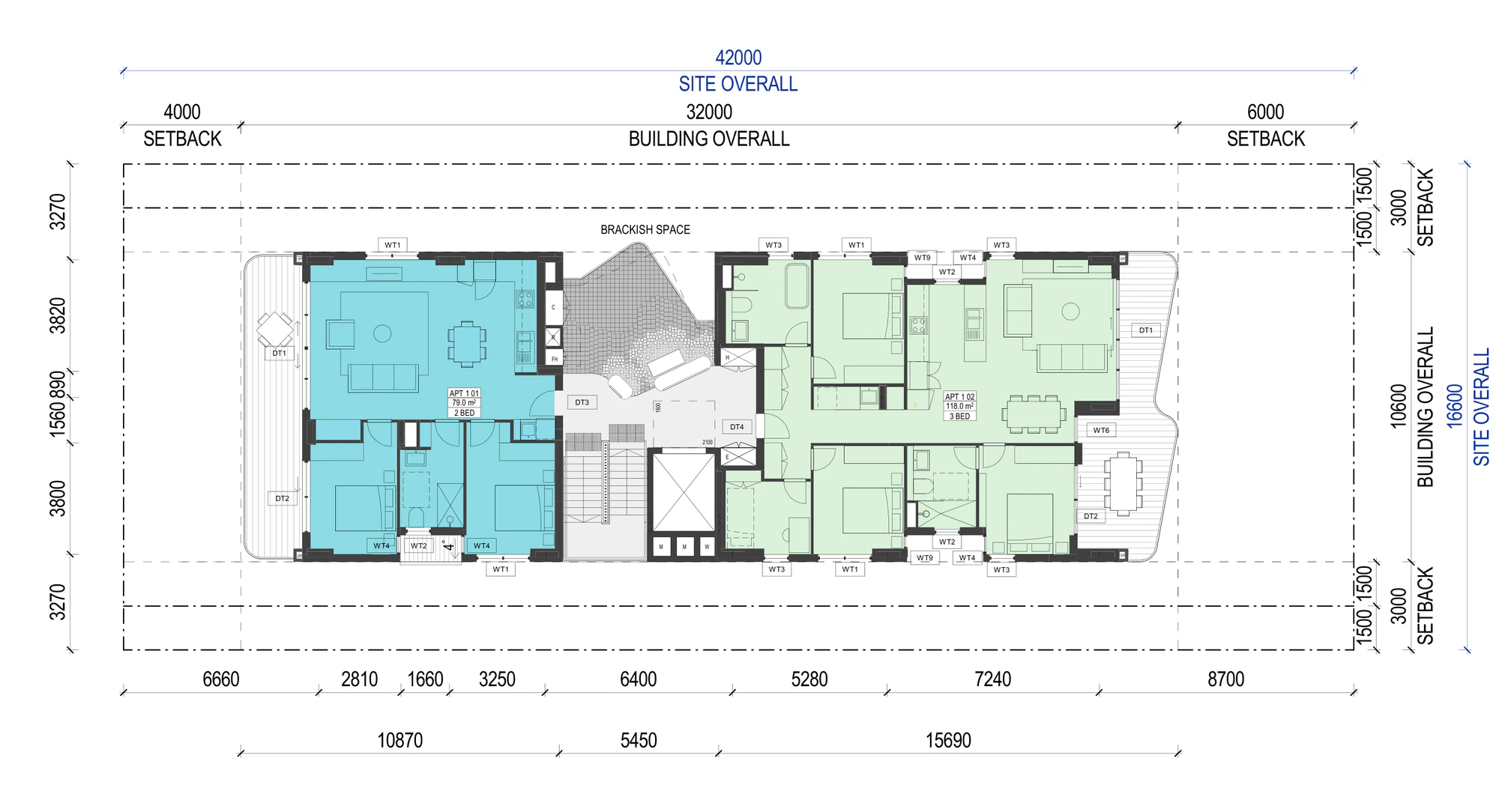 Pattern Book Small Lot Apartments 02 Level 1 plan showing a 79 square metre 2 bedroom apartment at the street end, a 118 square metre 3 bedroom apartment at the rear, the central brackish space, lift, stair and the ventilation notch