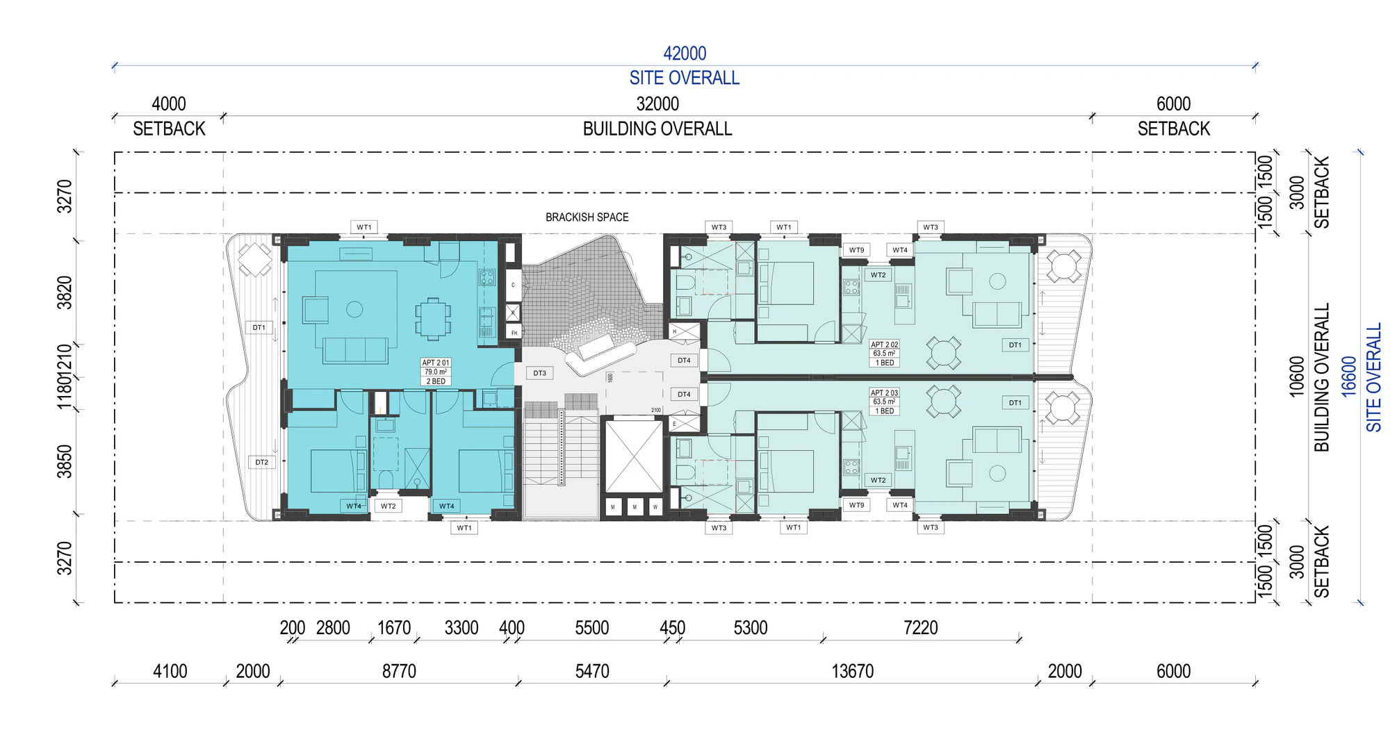 Pattern Book Small Lot Apartments 02 Level 2 plan showing a 79 square metre 2 bedroom apartment at the street end and two 63.5 square metre 1 bedroom apartments at the rear, around the central brackish space, lift and stair