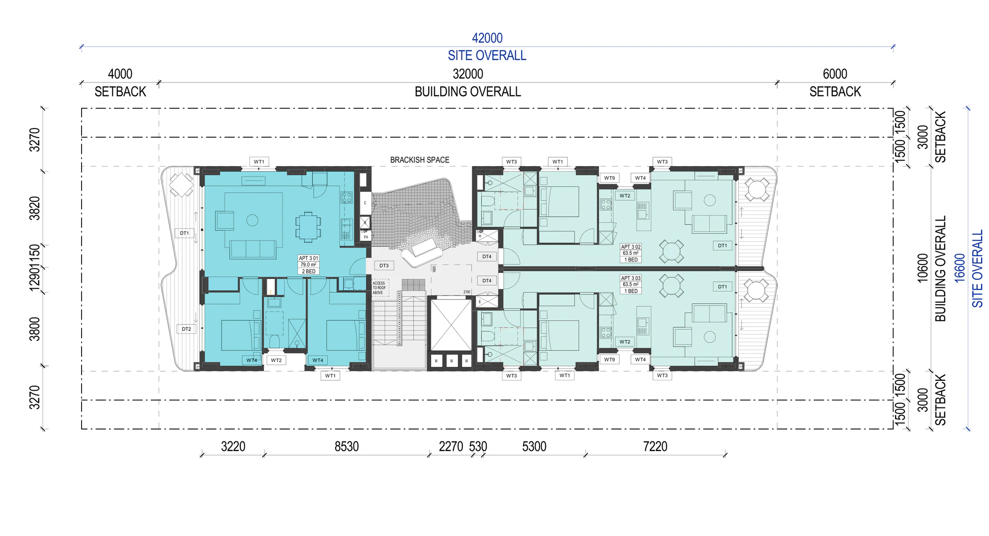 Pattern Book Small Lot Apartments 02 Level 3 plan repeating the 2 bedroom apartment and two 1 bedroom apartments around the central brackish space, with the access hatch to the roof above