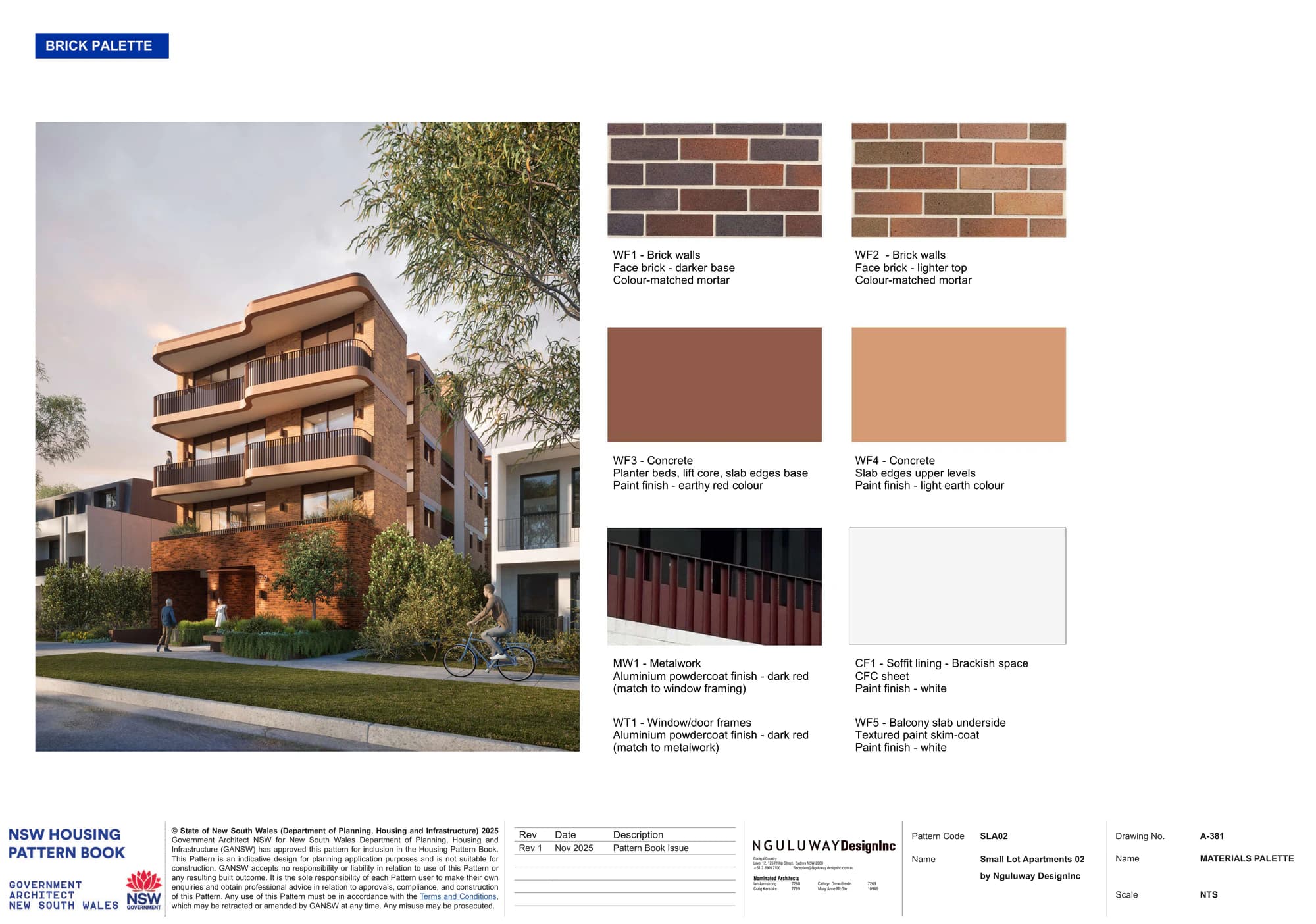 Pattern Book Small Lot Apartments 02 brick palette sheet with a street render of the complete 4 storey building, showing darker face brick to the base, lighter face brick above with colour matched mortar, earthy red and light earth painted concrete, dark red aluminium metalwork and window frames and white brackish space soffits