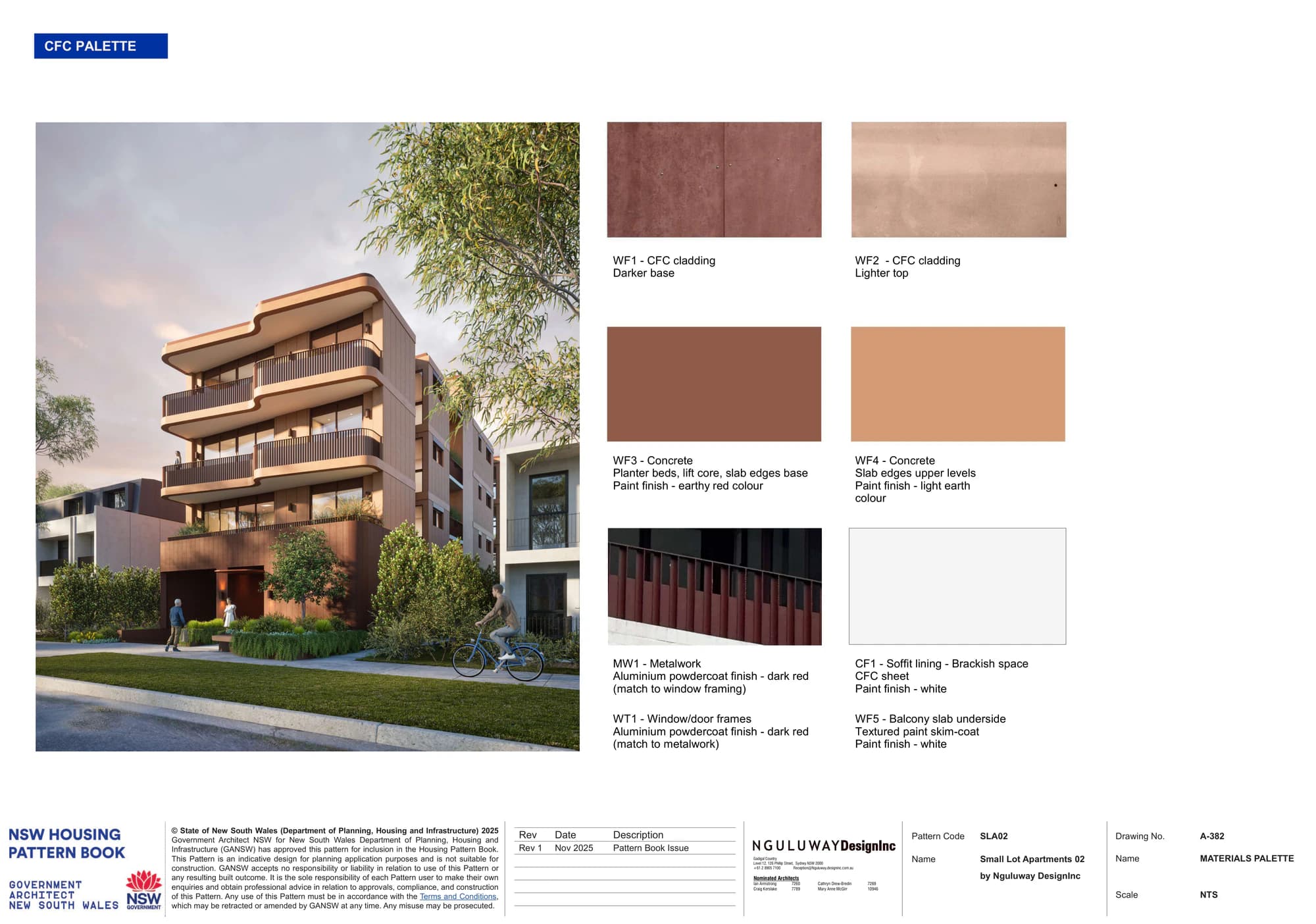 Pattern Book Small Lot Apartments 02 compressed fibre cement palette sheet with a street render of the complete 4 storey building, showing darker fibre cement cladding to the base, lighter cladding above, earthy red and light earth painted concrete, dark red aluminium metalwork and white brackish space soffits