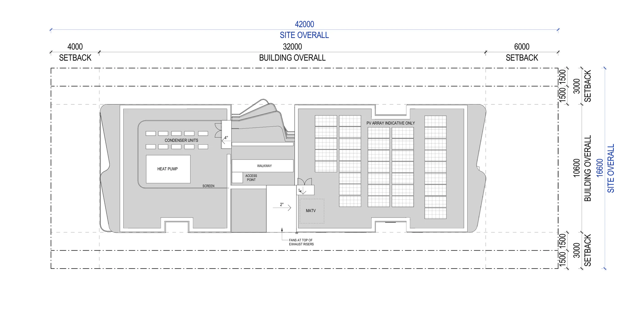 Pattern Book Small Lot Apartments 02 roof plan showing the screened condenser units and heat pump, the maintenance walkway and access point, the master antenna enclosure, fans at the top of the exhaust risers and the indicative photovoltaic array