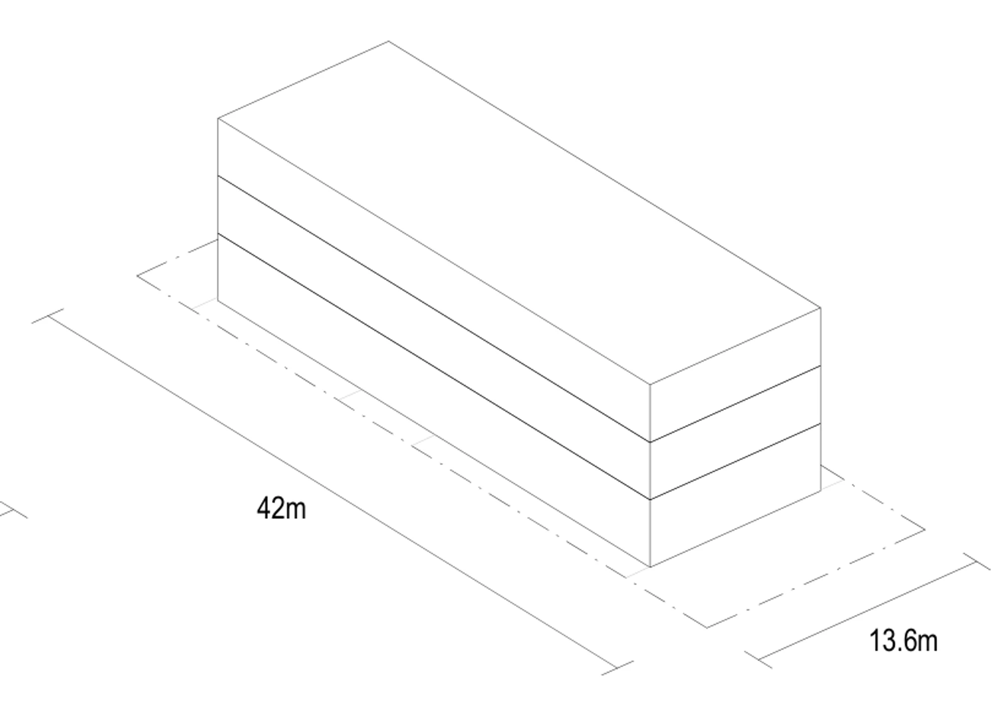Pattern Book Small Lot Apartments 02 lot width adaptation drawing showing the 3 storey building on the minimum 13.6 by 42 metre mid block site of 571 square metres, with the site boundary and both dimensions; the whole building provides 6 apartments