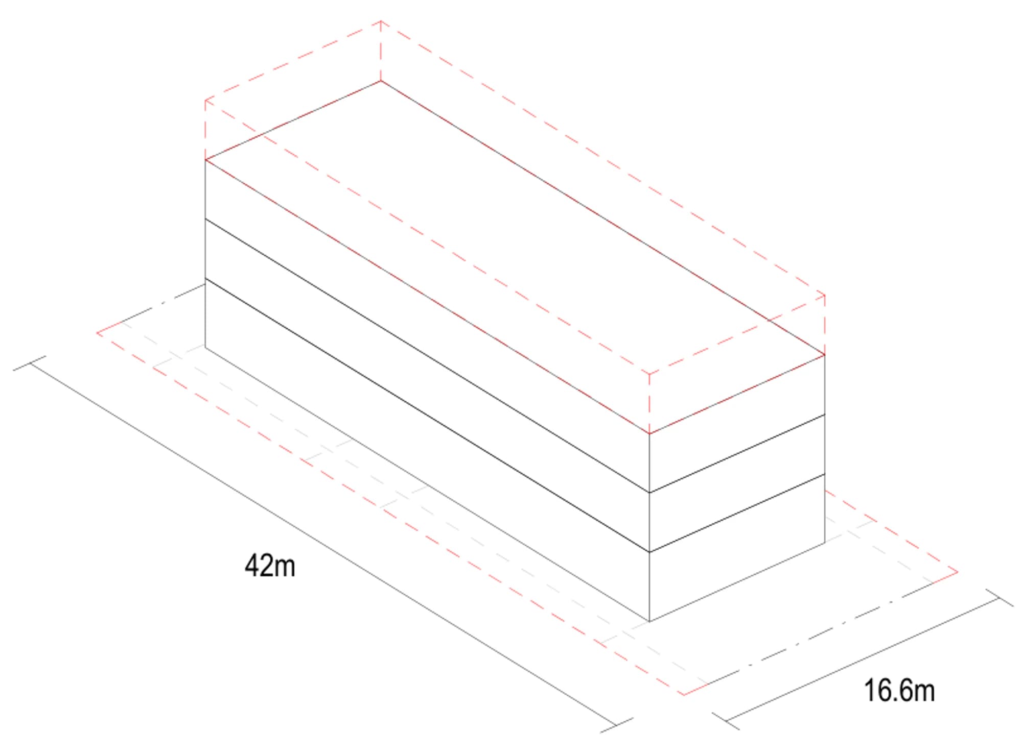 Pattern Book Small Lot Apartments 02 lot width adaptation drawing showing the 4 storey building on the 16.6 by 42 metre mid block site of 697 square metres, with the red dashed fourth storey added above the 3 storey form; the whole building provides 9 apartments