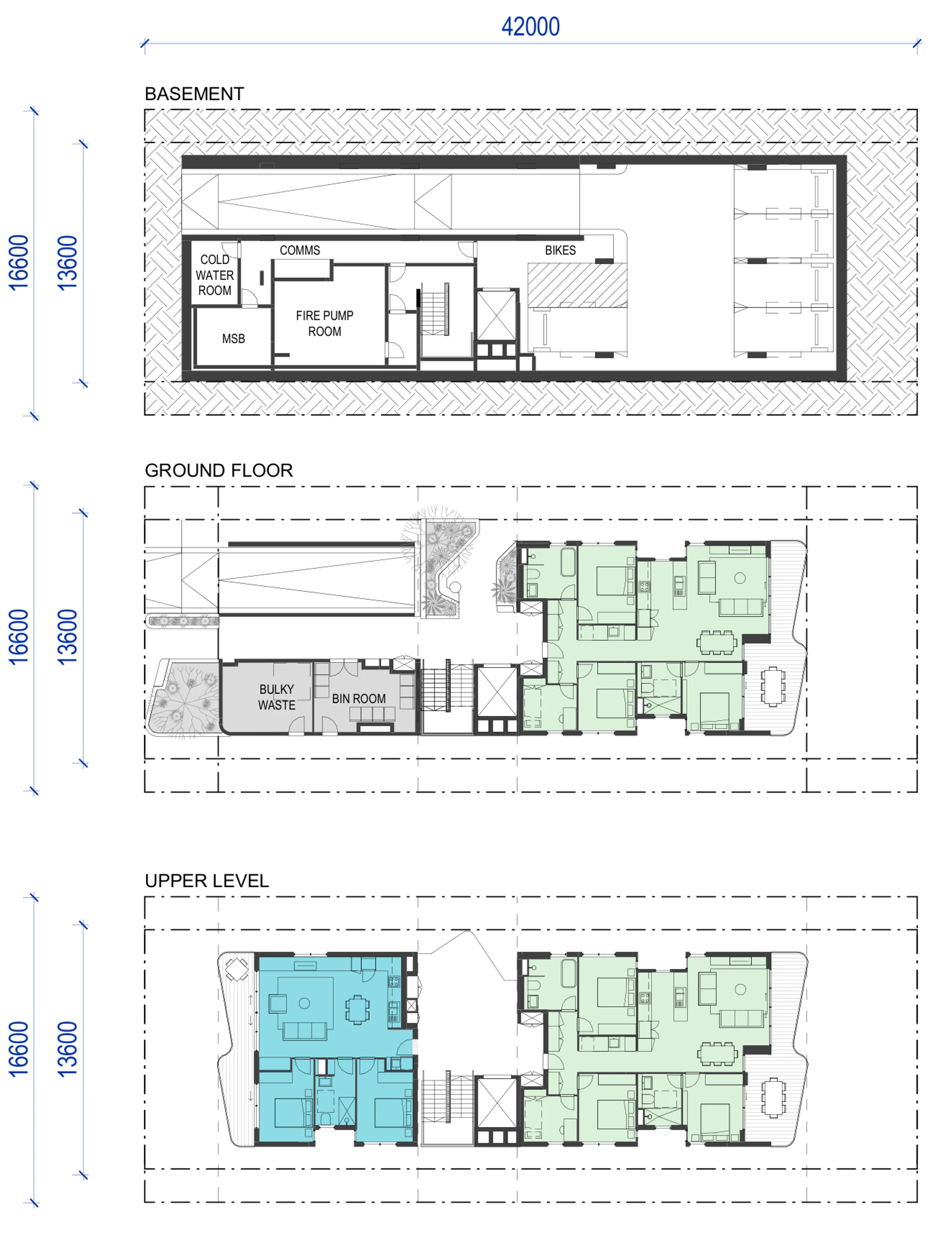 Pattern Book Small Lot Apartments 02 base pattern lot size variant for a 42 metre long site, showing the basement with parking and plant, the ground floor with the bin and bulky waste rooms and a 3 bedroom apartment, and the upper level with a 2 bedroom and a 3 bedroom apartment, with the 16,600 and 13,600 site width dimensions; the whole building provides 9 apartments