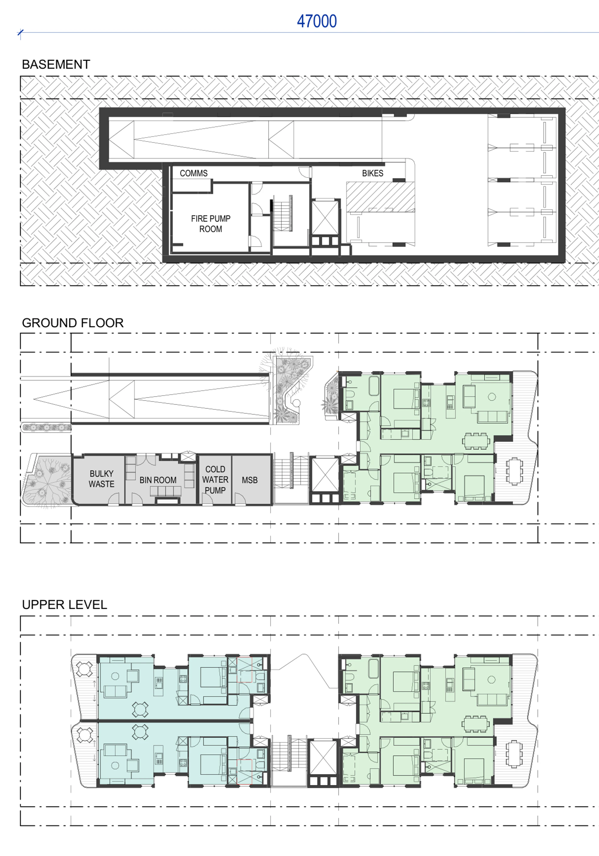 Pattern Book Small Lot Apartments 02 lot size variant for a 47 metre long site, showing the longer basement with parking and plant, the ground floor with waste rooms and a 3 bedroom apartment, and the upper level with four apartments, with the 16,600 and 13,600 site width dimensions; the whole building provides 9 to 10 apartments