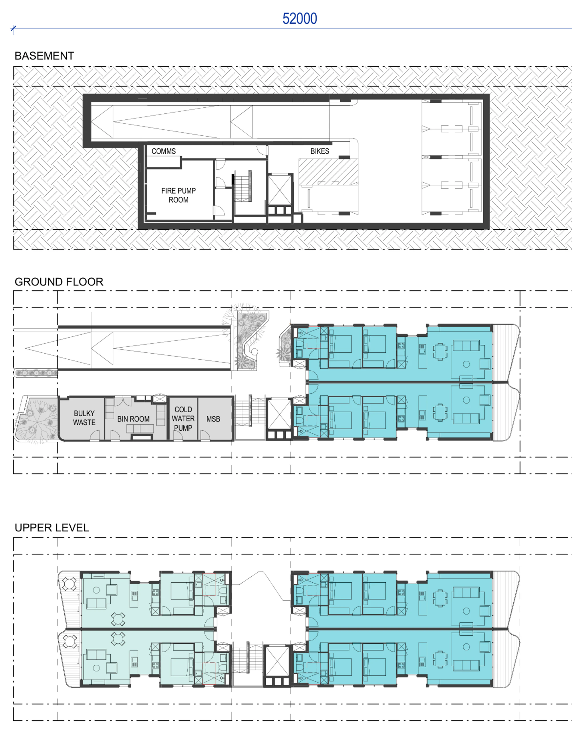 Pattern Book Small Lot Apartments 02 lot size variant for a 52 metre long site, showing the longest basement with parking and plant, a ground floor with waste rooms and four apartments, and an upper level with six apartments, with the 16,600 and 13,600 site width dimensions; the whole building provides 11 to 14 apartments