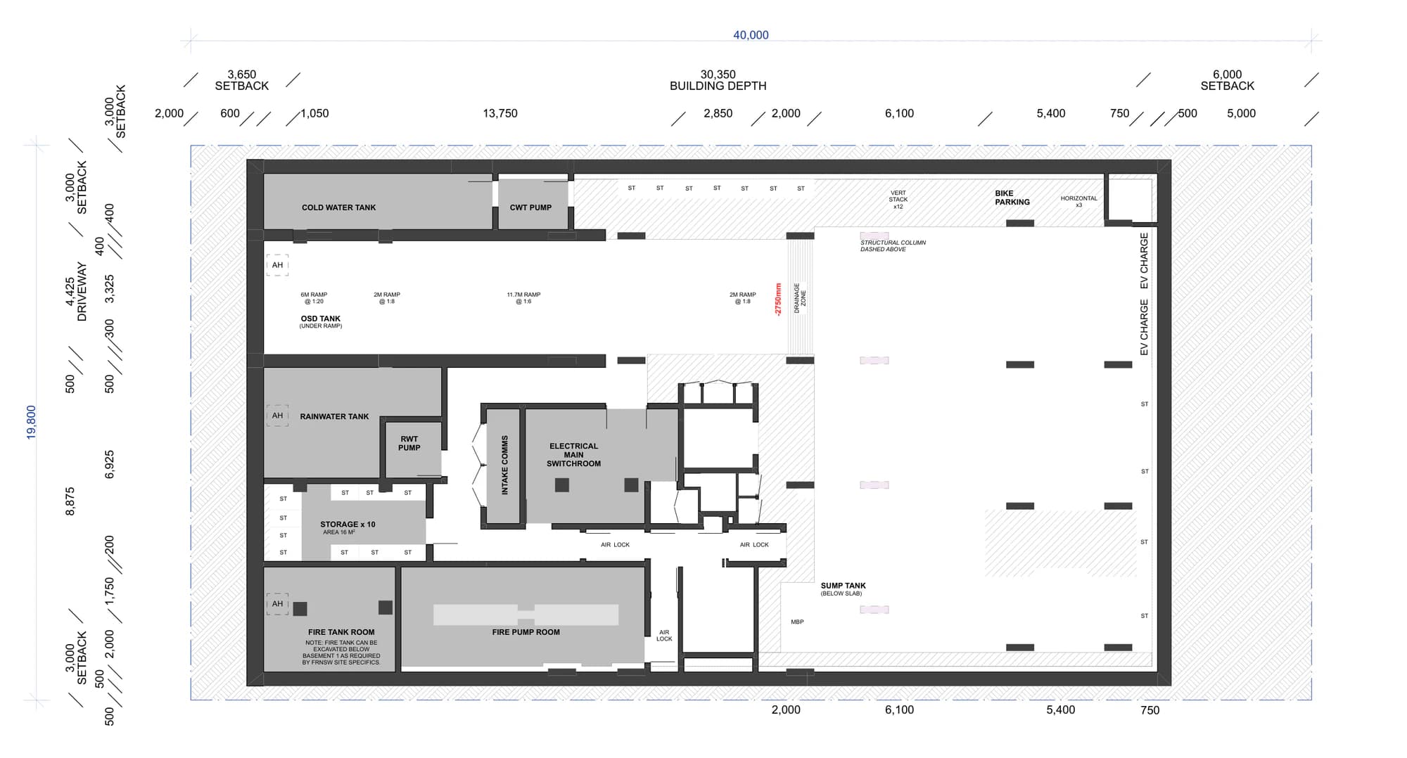 Pattern Book Small Lot Apartments 03 basement plan showing the ramp from the street, car and bicycle parking with EV charging, resident storage, the cold water and rainwater tanks, the electrical switch room and the fire tank and pump rooms