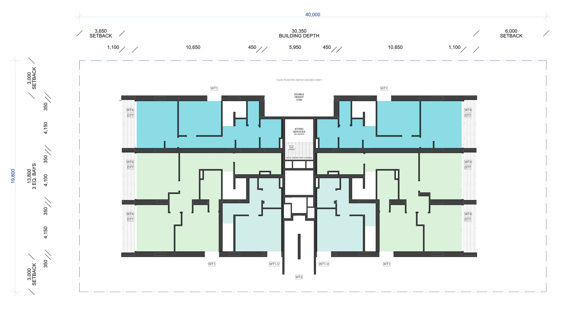 Pattern Book Small Lot Apartments 03 first floor plan showing six apartment portions either side of the central lift and stair core, the double height void over the flexible room and the store and services space